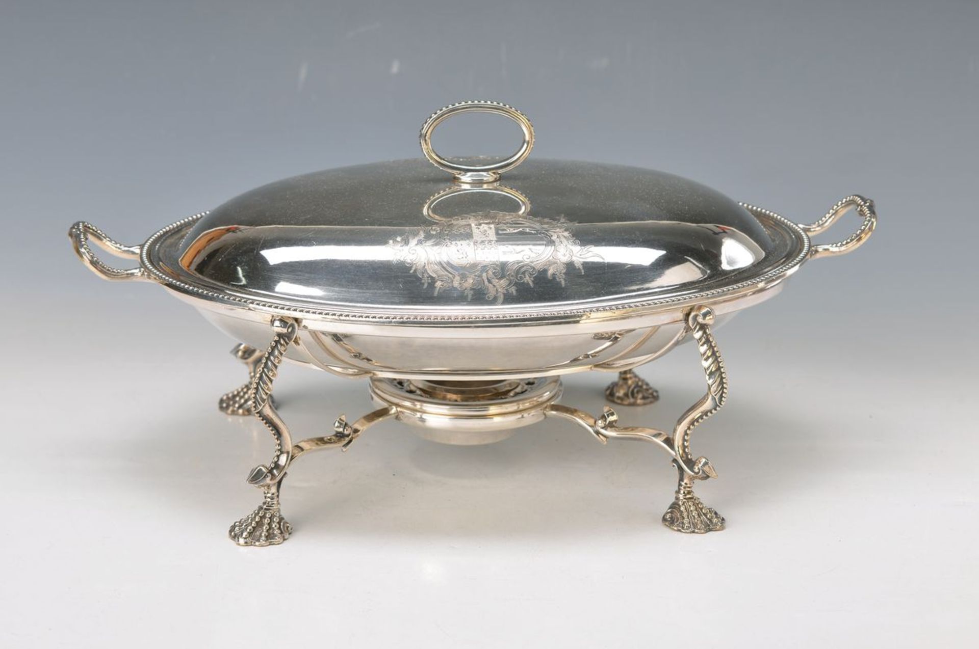 hotplate, England, 1930s, silver plated, pearlrim decor, with warmer, cover with engraved crest,