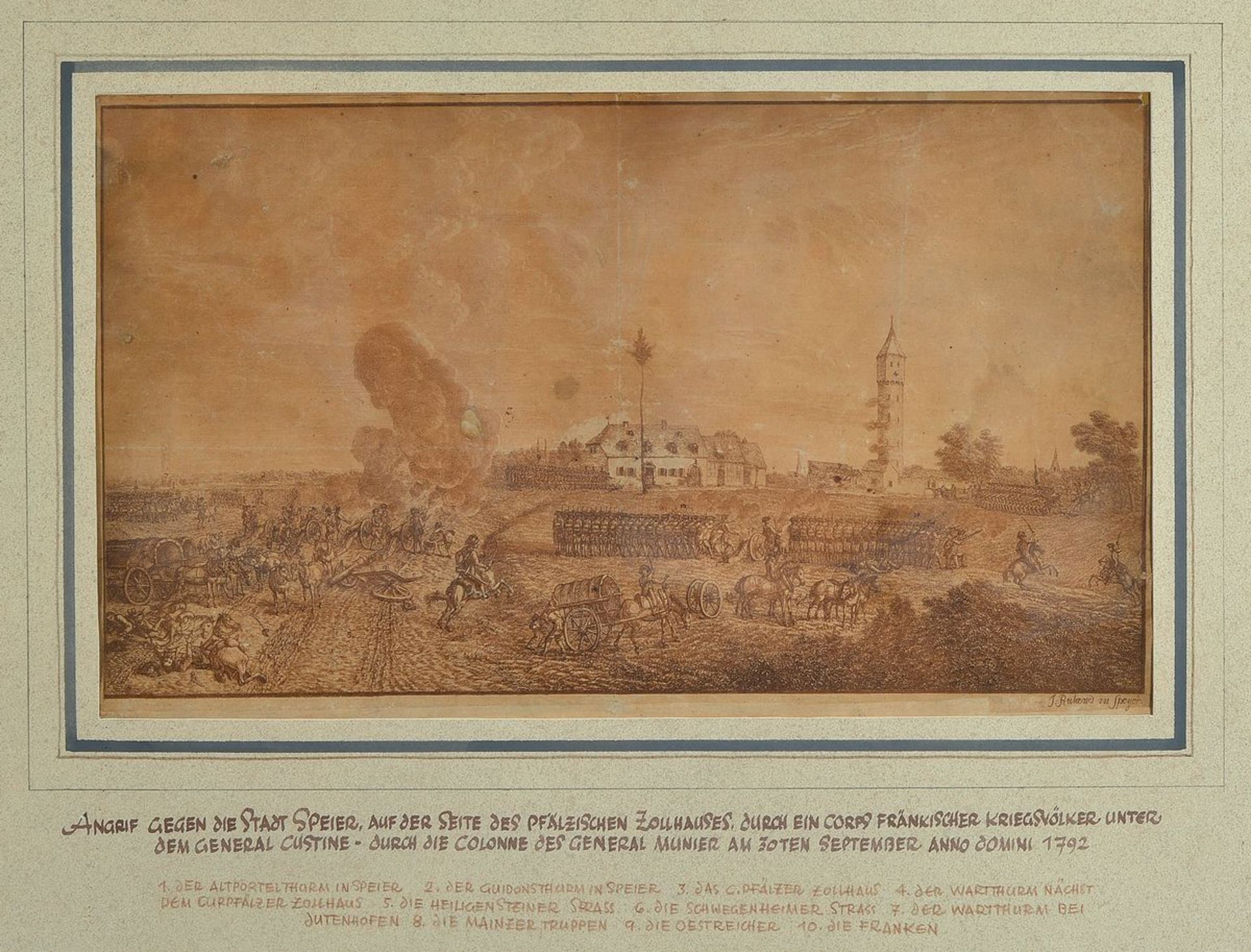 Johannes Ruland, 1744-1830 Speyer, pen and inkdrawing in sepia: Attack against the city of Speyer,