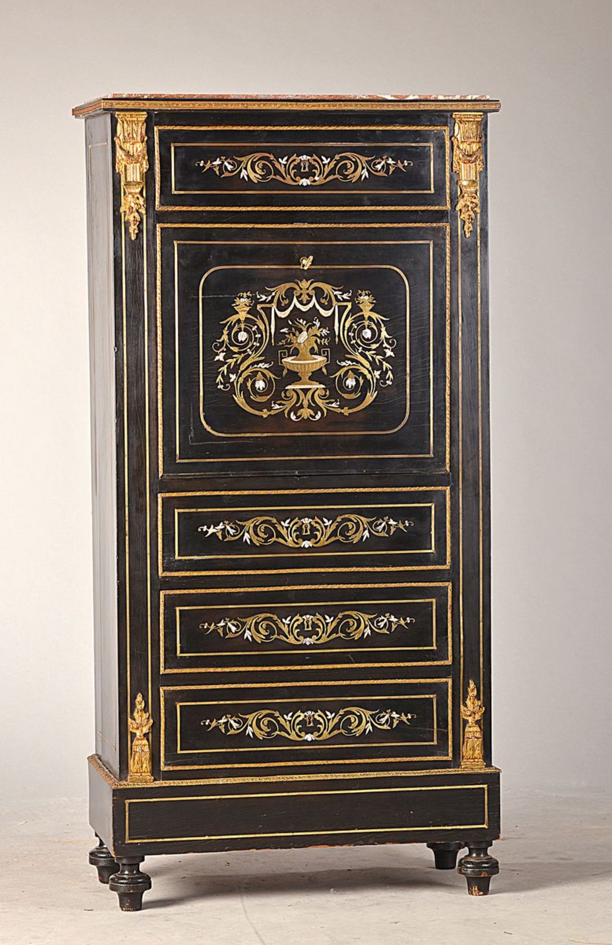 stand secretary, France, around 1870, dark wood with brass inlays and gold plated brass appliqués, - Bild 2 aus 2