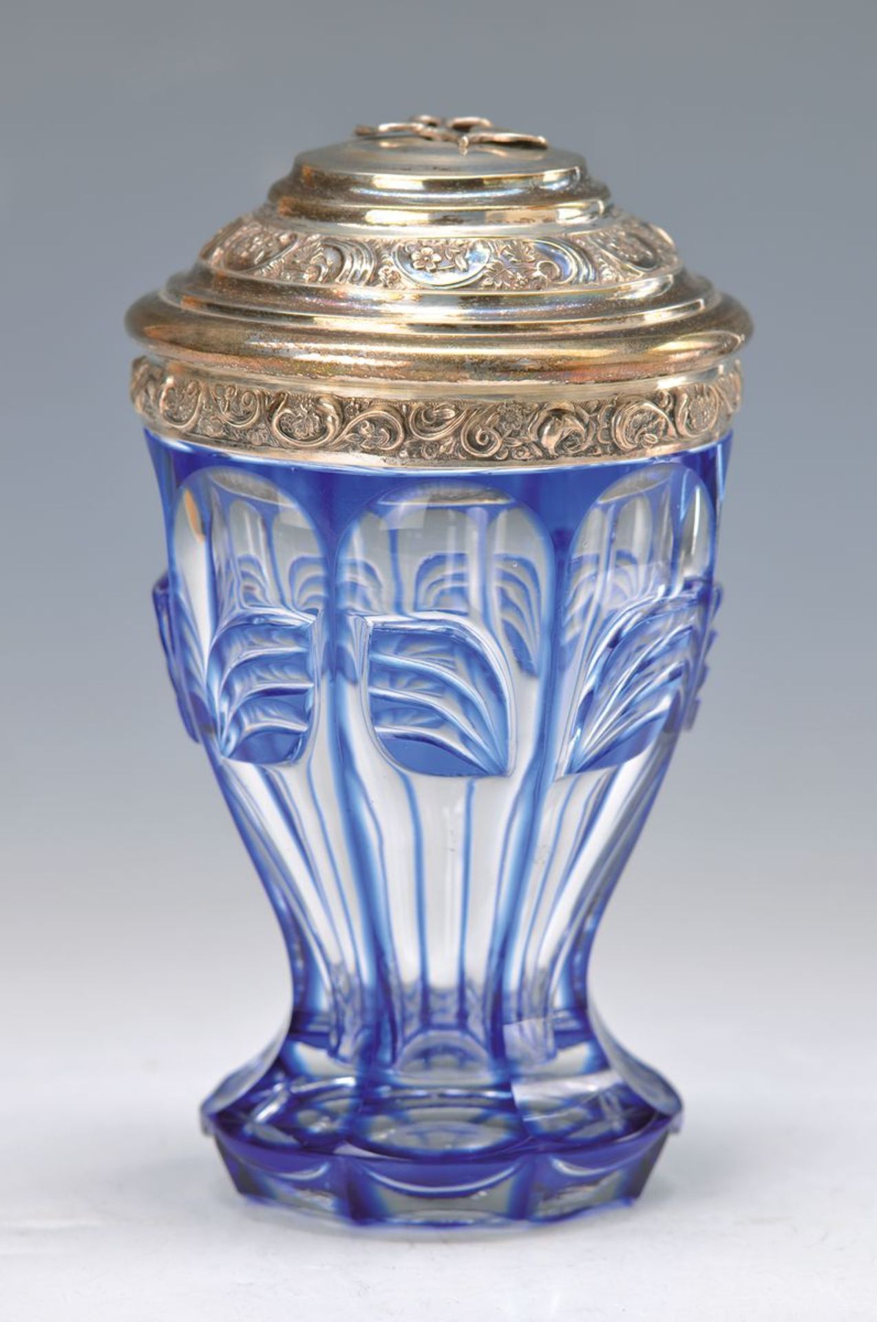 goblet with silver cover, Bohemia, around 1840, crystal glass blue overlay, cut, with cover, crown