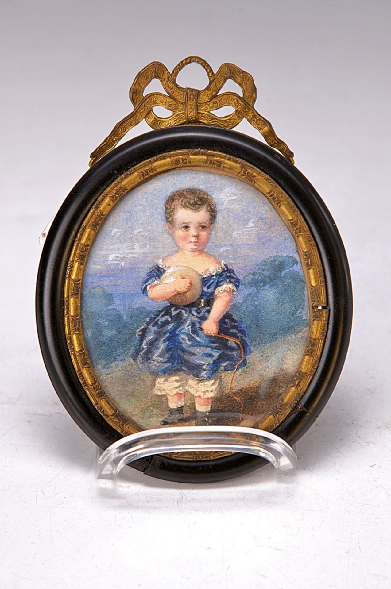 Miniaturmalerei, France, around 1850, little boy with ball and whip, watercolor on paper, on the