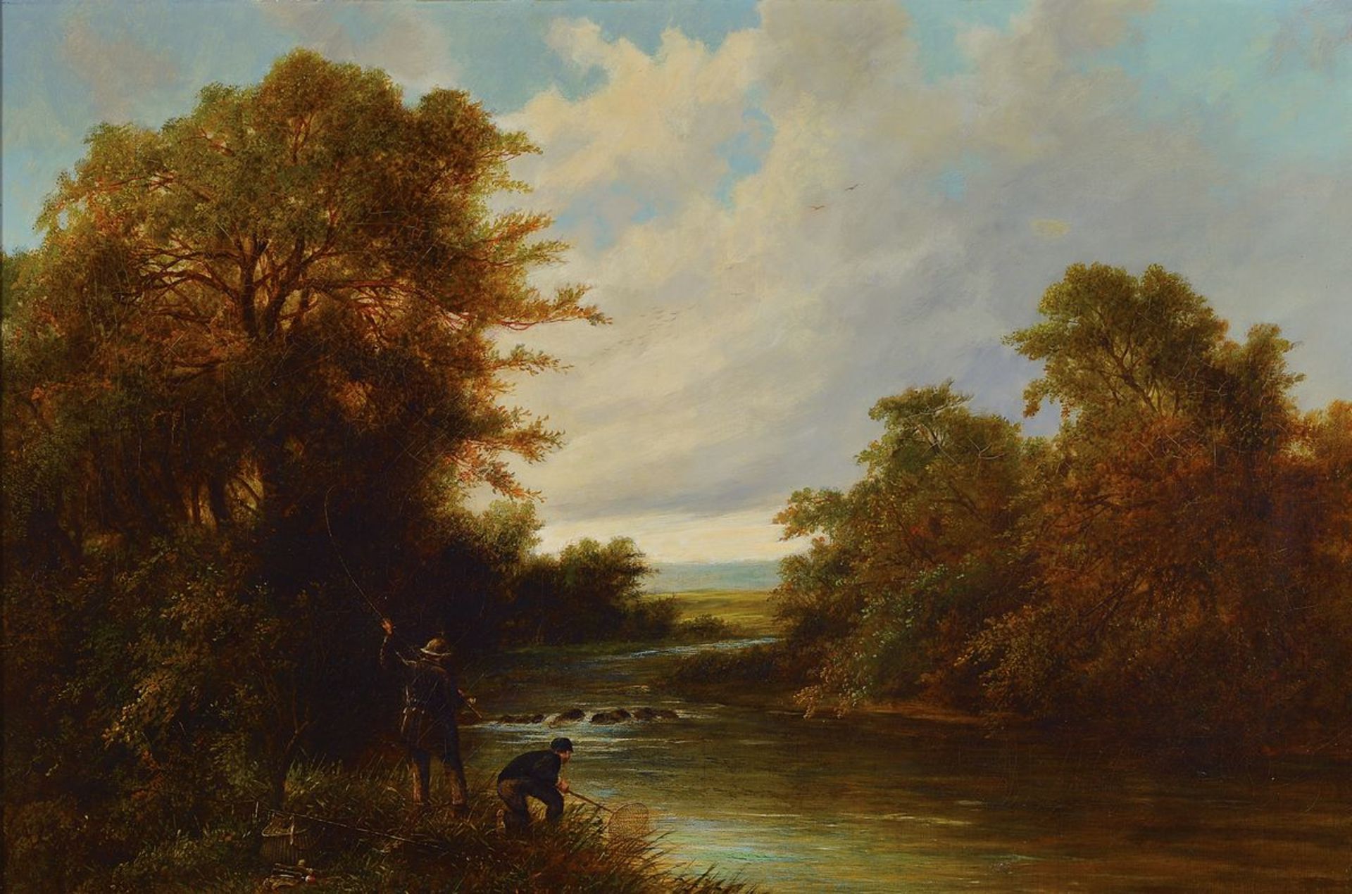 J.C. Ward, painter of the 19th century, Romantic landscape with fisher on the shore, oil / canvas,