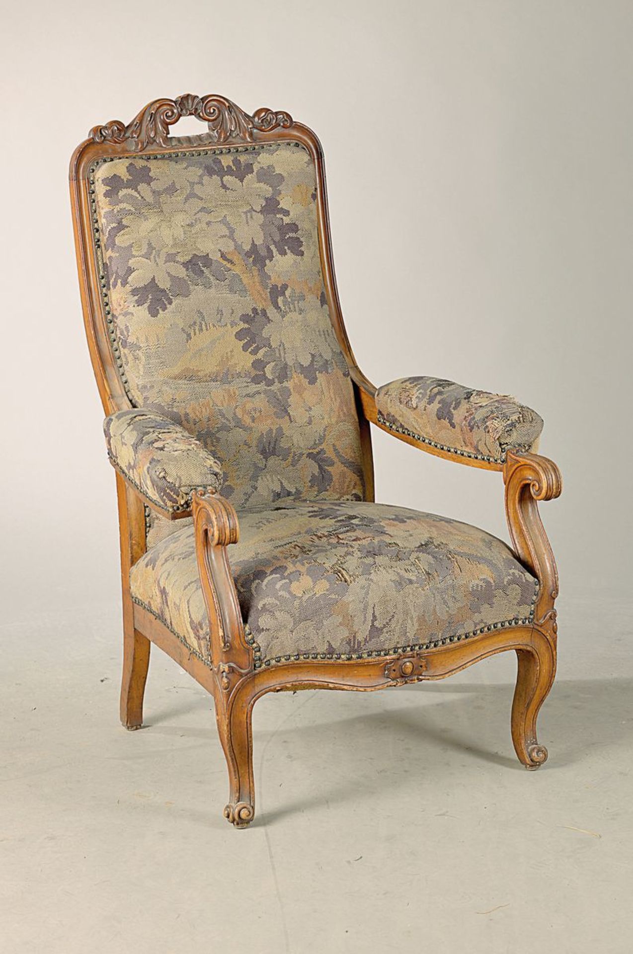 armchair, so-called Fauteuil, France, around 1850/60, walnut massive, Tapestry covery similarly to