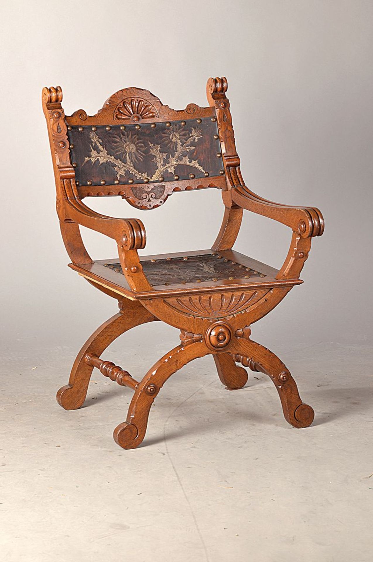 chair around 1900, oak massive, carved, leather cover, Sh. approx 45 cm, H.approx. 96 cm, minor