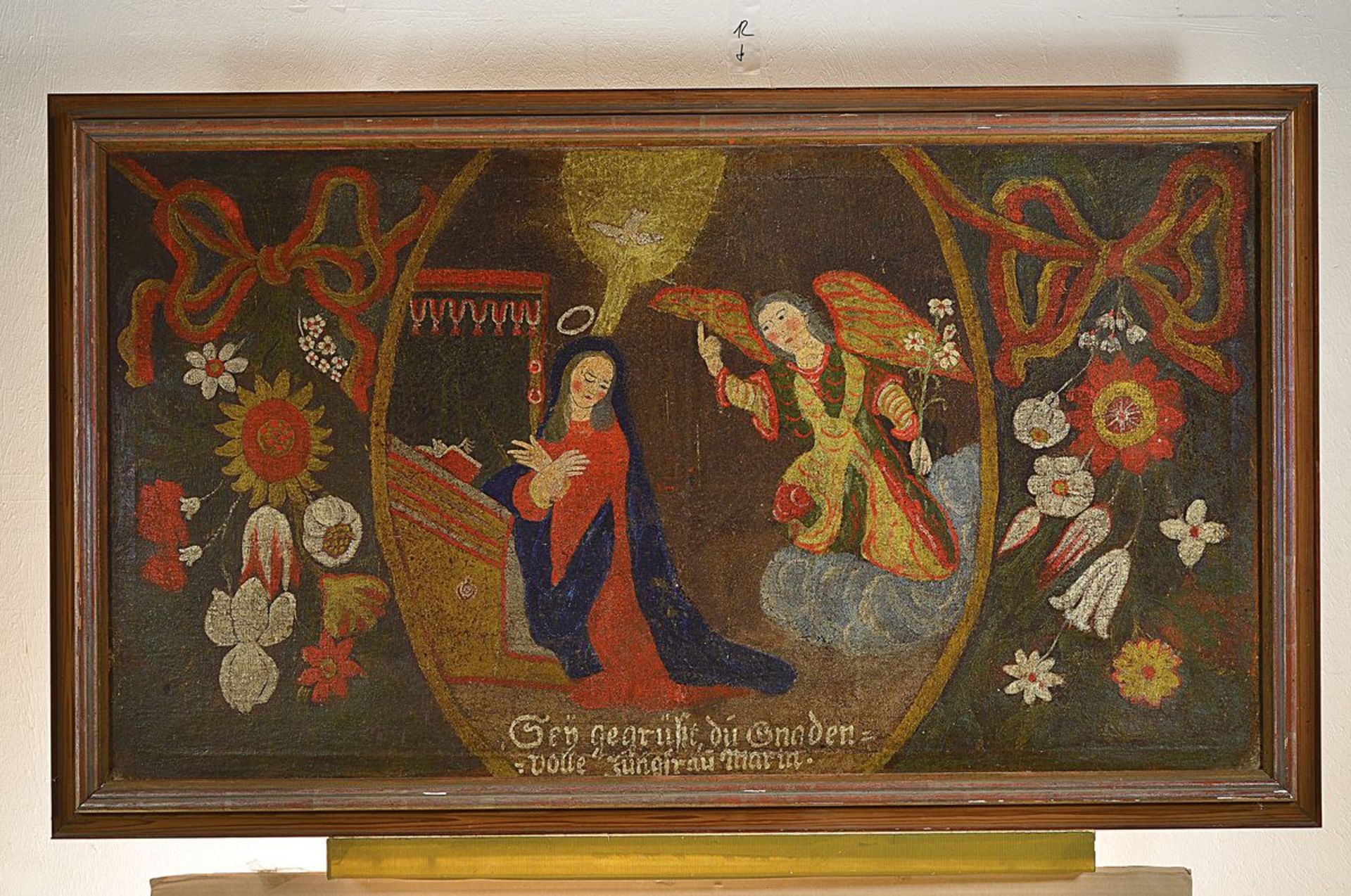 Votive picture, southern German, 18th C., Annunciation, oil / rough canvas, inscribed: Sey gegrüsset - Bild 2 aus 2