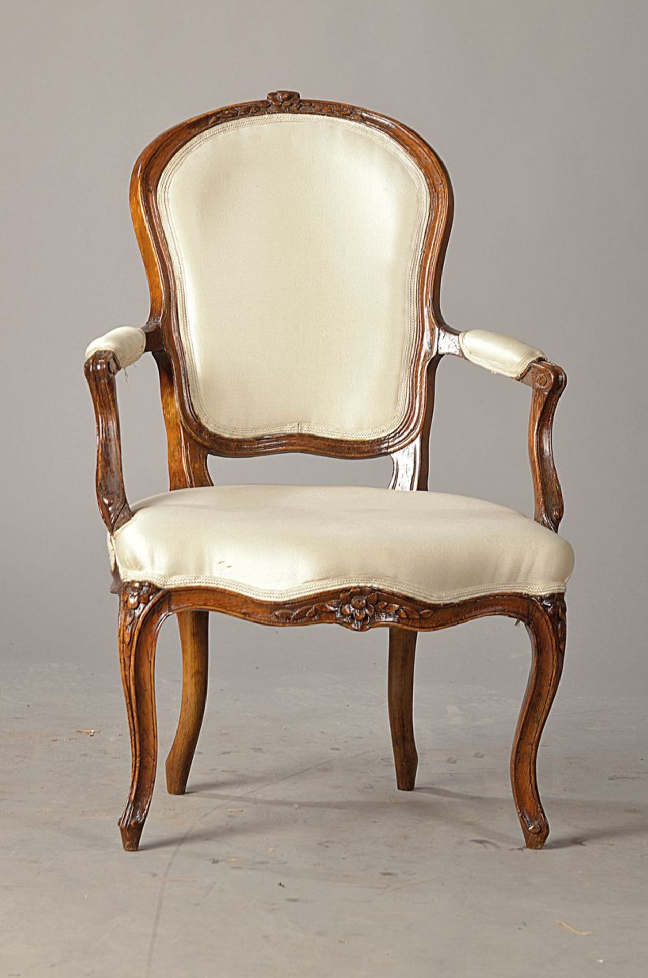 armchair, German, around 1760-70, walnut with small floral carvings, cover in need of renovation, H.