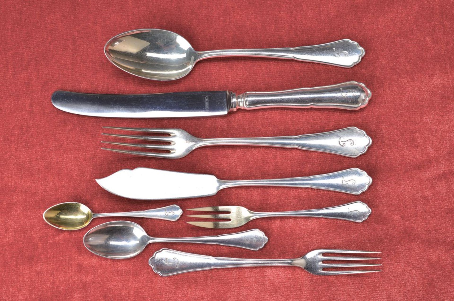Flatware, German, Robbe and Berking, 800 silver, Baroque style, with engraved owner's monogram T, 12