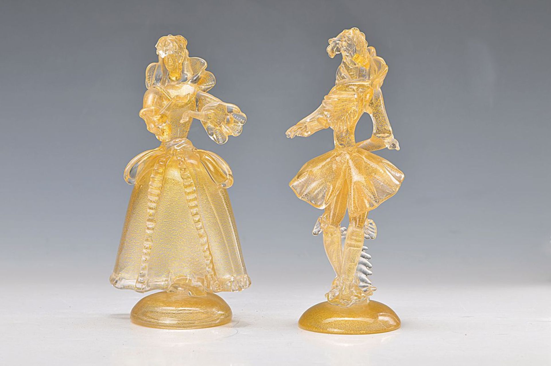 couple of Sculptures, Murano Italy, nobleman and lady, blown glass with melted gold powder,H.