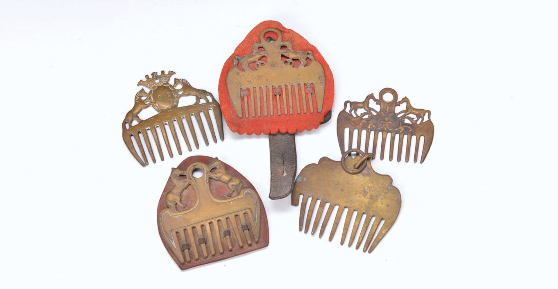 5 horse combs, North Rhine-Westphalia, 18. and 19th c., Bronze, partly with horse motifs, one with