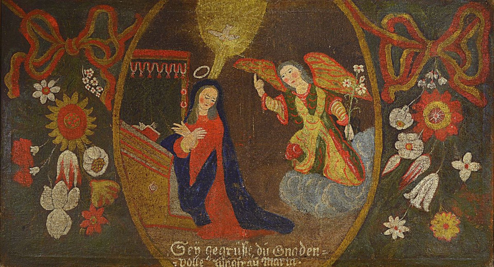 Votive picture, southern German, 18th C., Annunciation, oil / rough canvas, inscribed: Sey gegrüsset