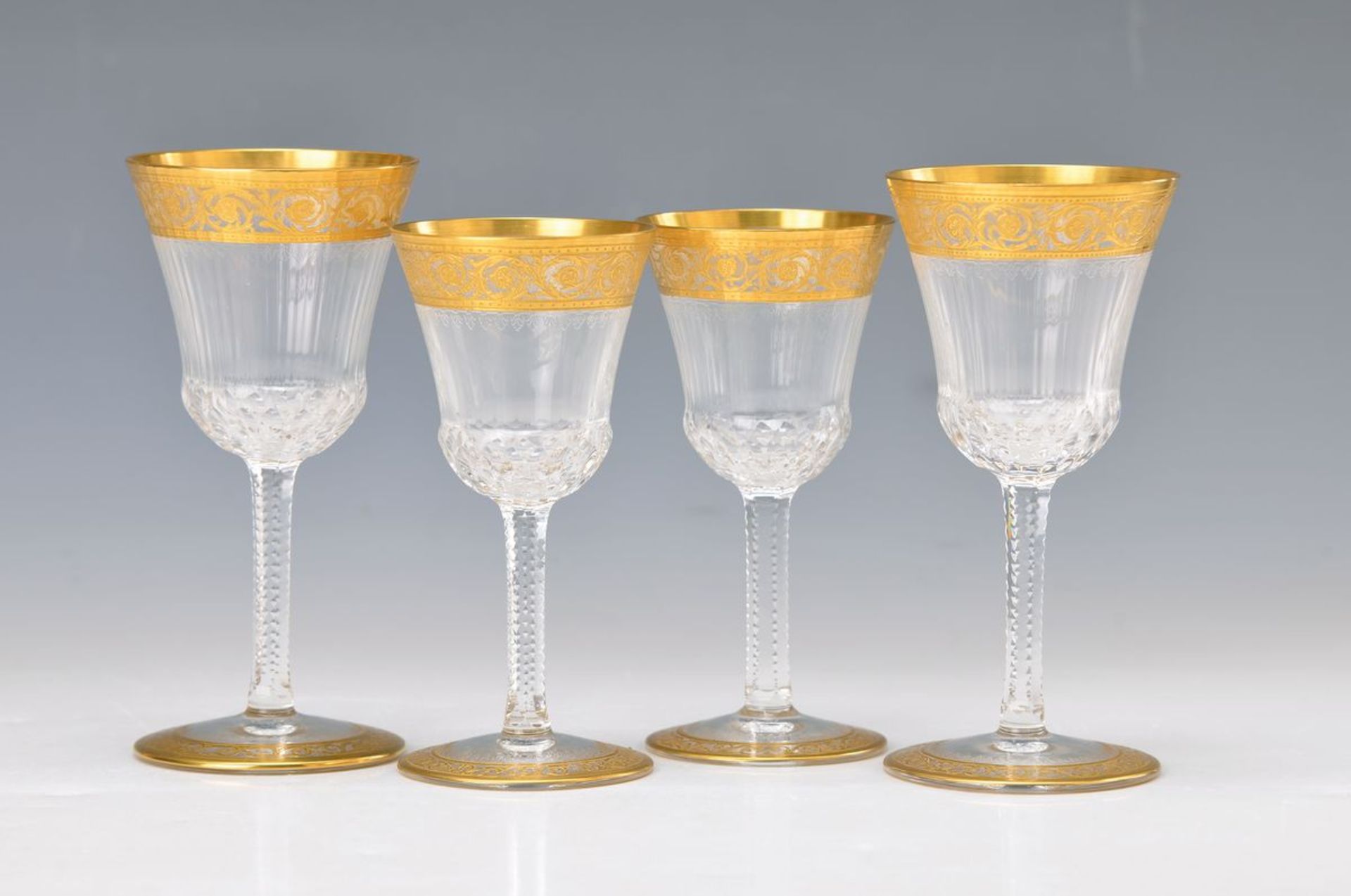 12 glasses, St. Louis, Model Thistle, finely cut crystal glass with wide etched gold rim, 8white