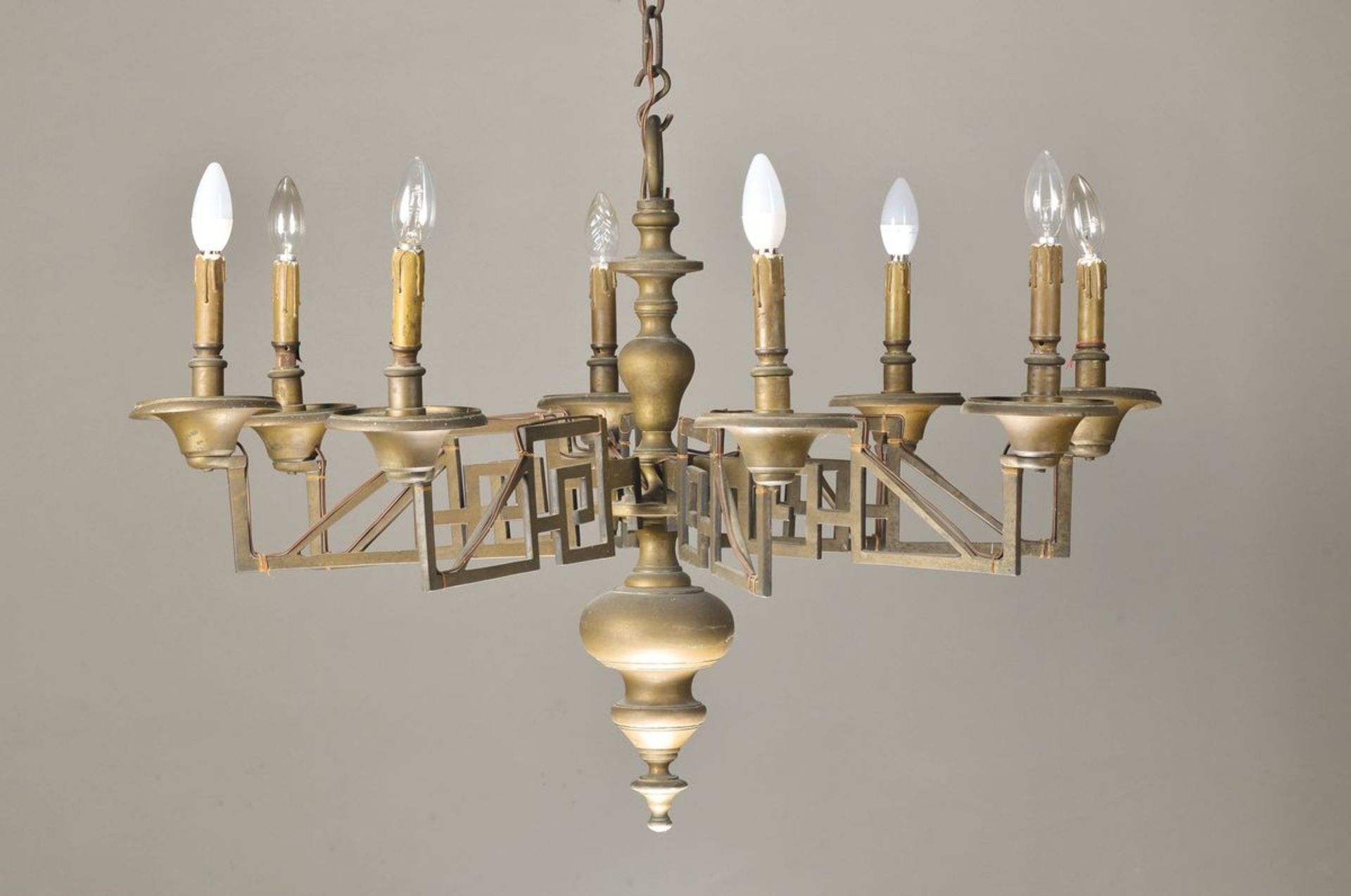 Large Ceiling lamp, around 1780-1810, Bronze, 8 focal points, neo-classical, geometrical decor,