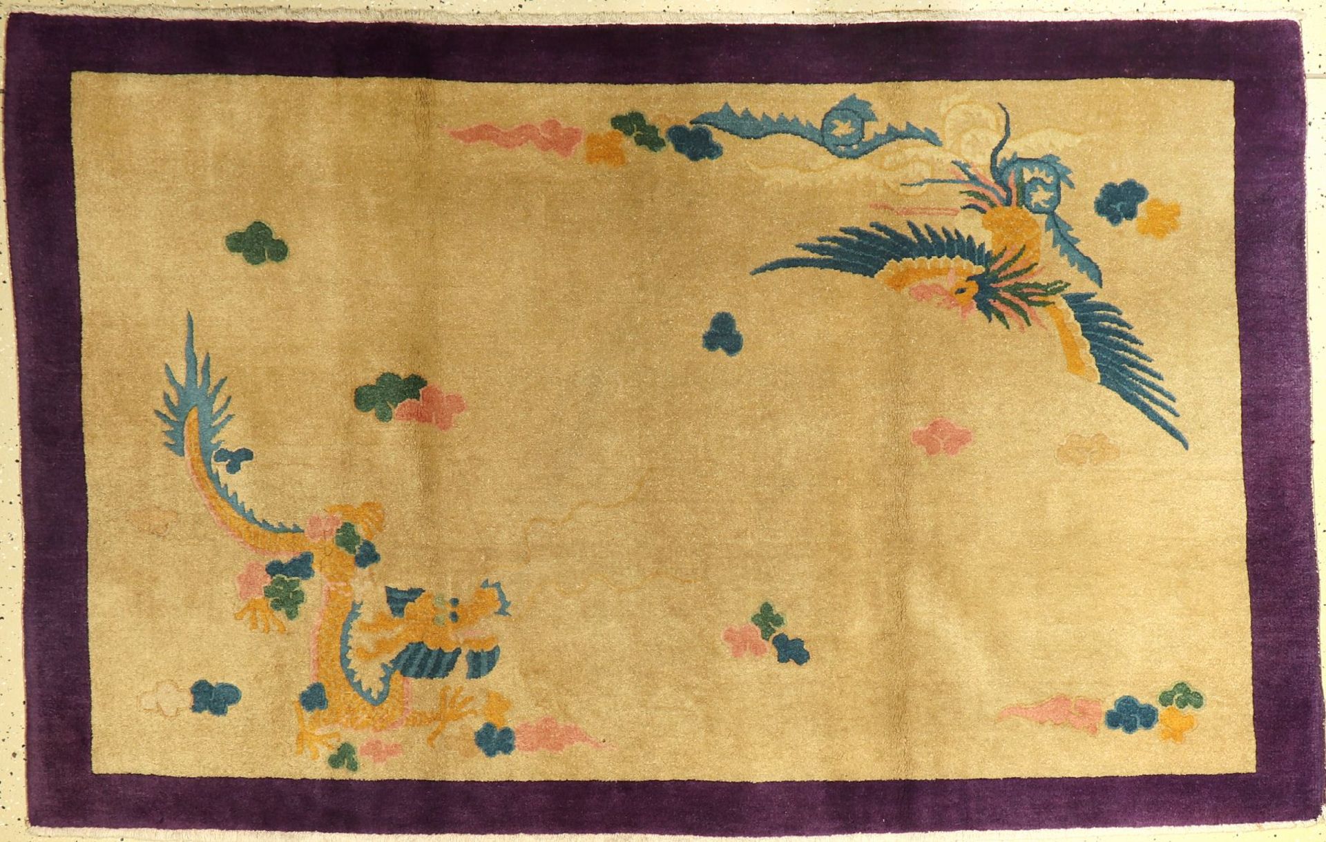 Peking alt, China, um 1940, Korkwolle, ca. 188 x 117 cm, dekorativ, Drache & Phönyx, EHZ:2-3