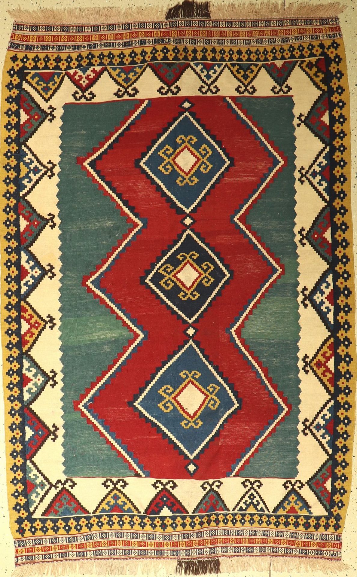 Gaschgai Kelim alt, Persien, um 1940, Wolleauf Wolle, ca. 226 x 147 cm, EHZ: 2, (Wellig)