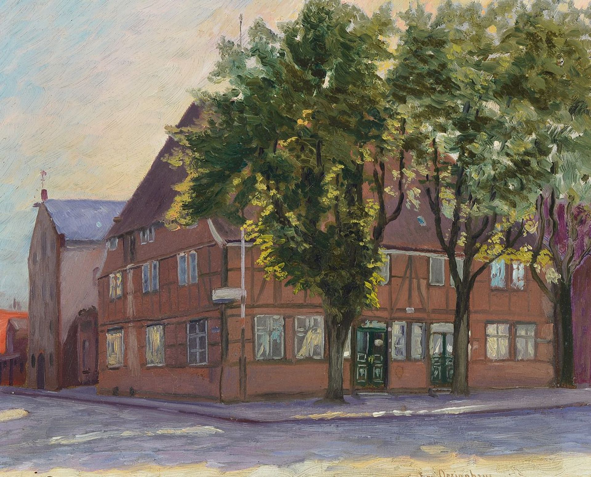 Ewald Oesinghaus, 1890-1963 Neumünster, Straße in Neumünster, Öl/Malkarton, rechts unten signiert,