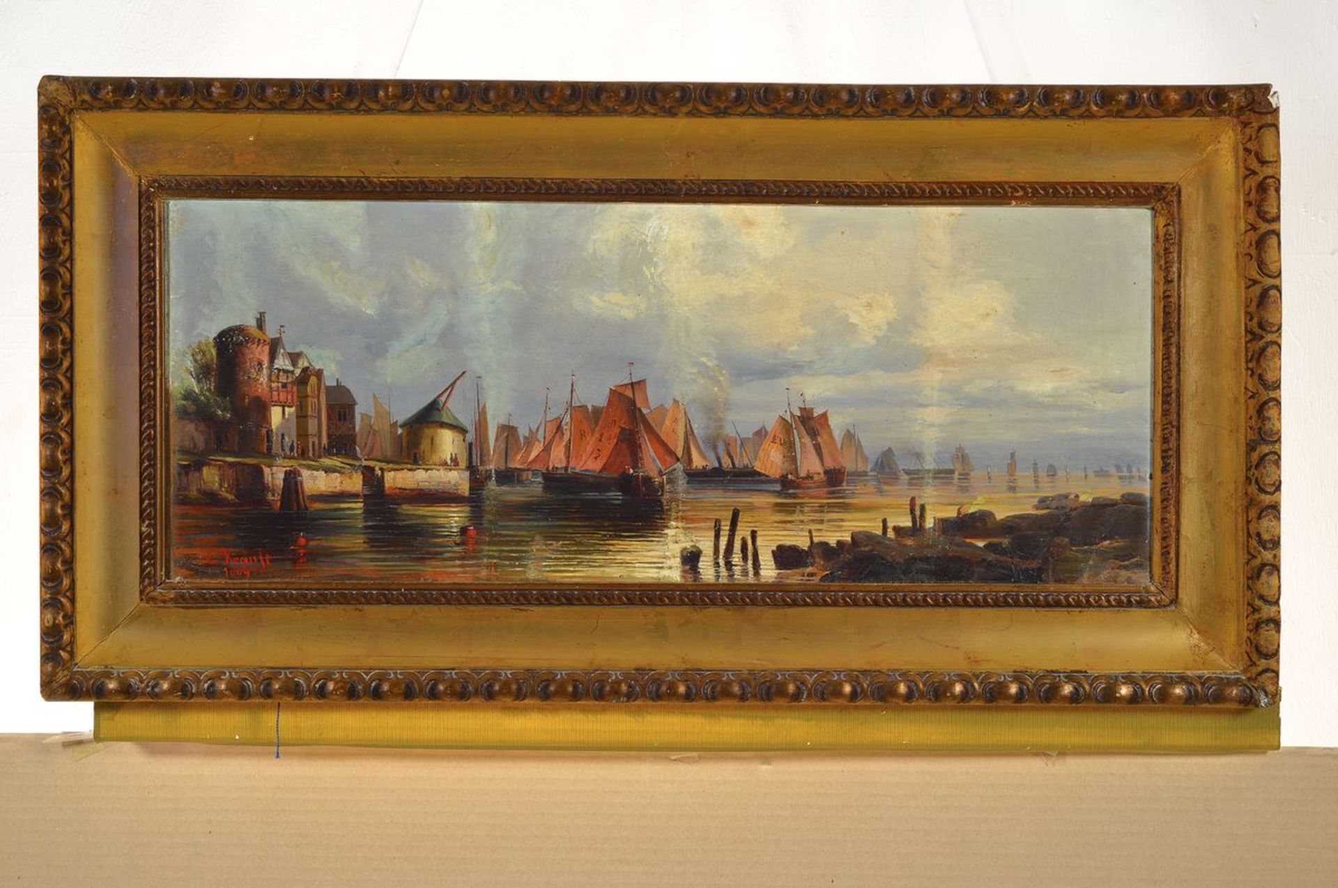 E. Krause, Maler aus dem 19. Jh., Hafenansicht, re. unten in Rot signiert u. dat. 1869, Öl/Lwd/Holz, - Bild 3 aus 3