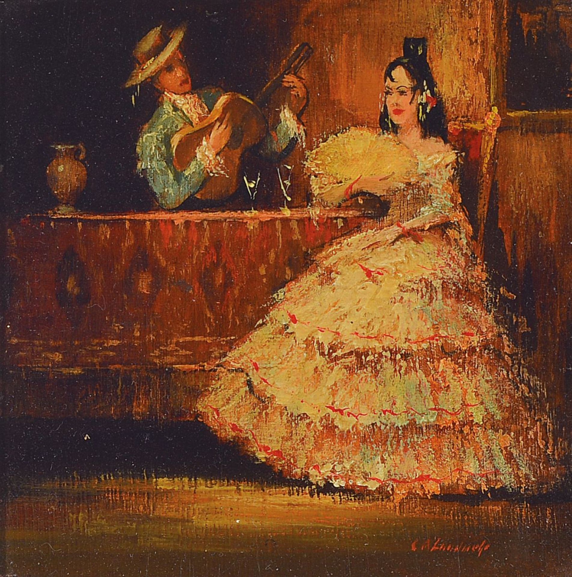 Curt A. Landwehr, 1920-1988, Flamenco-Tänzerin und Gitarrist, Öl/Holz, rechts unten signiert, ca.