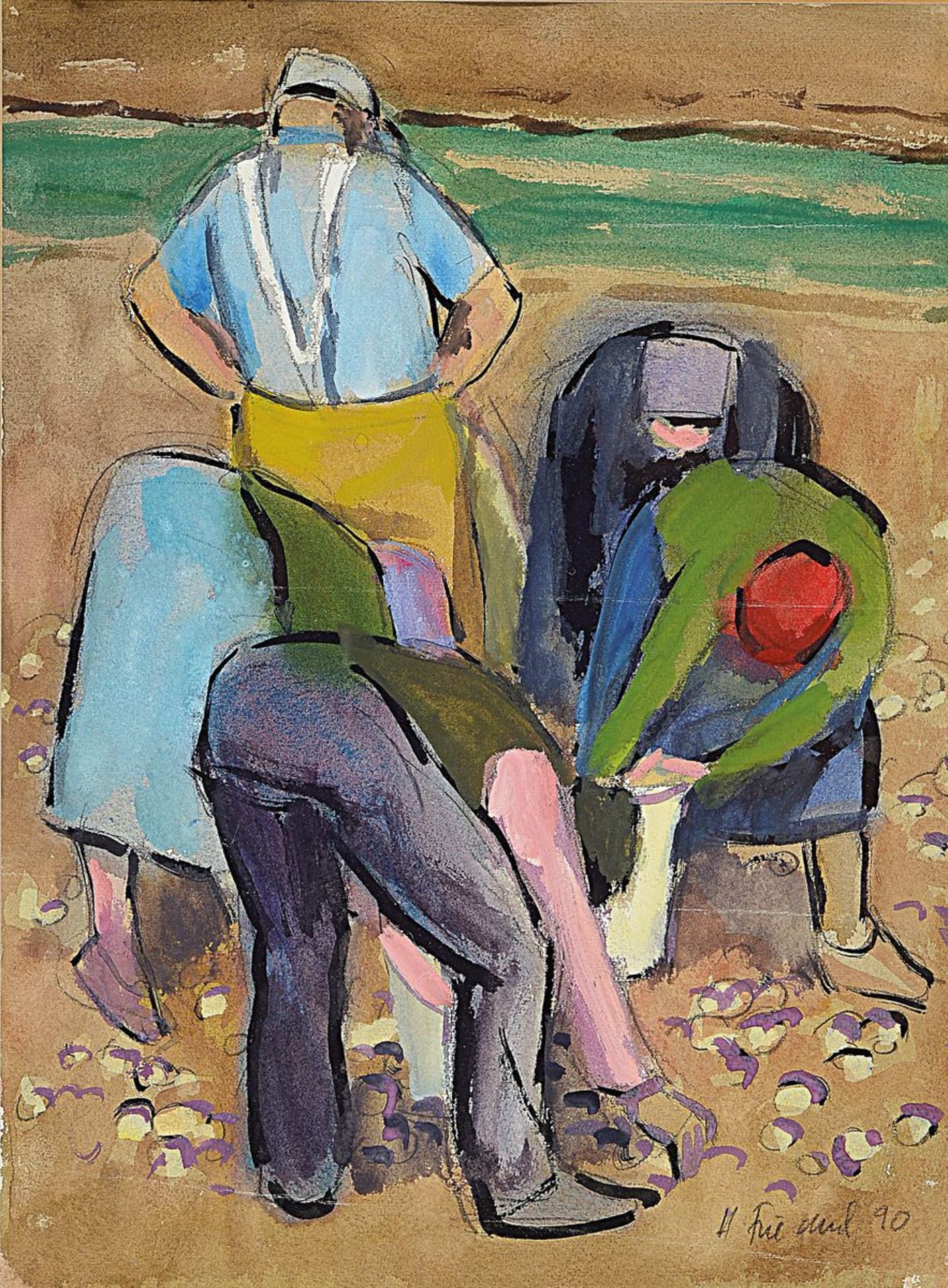 Heinz Friedrich, 1924 Schwetzingen - 2018, zwei Gouachen, Bauersleute bei der Ernte, Gouache auf