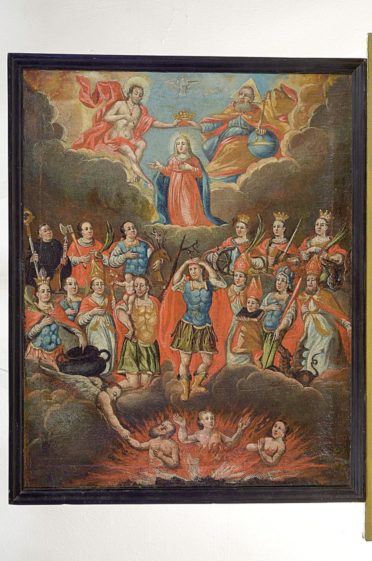 Votivbild, süddeutsch, um 1750, Öl/Lwd, altersbedingt krakeliert und l. beschädigt, teilrest., ca. - Bild 2 aus 2