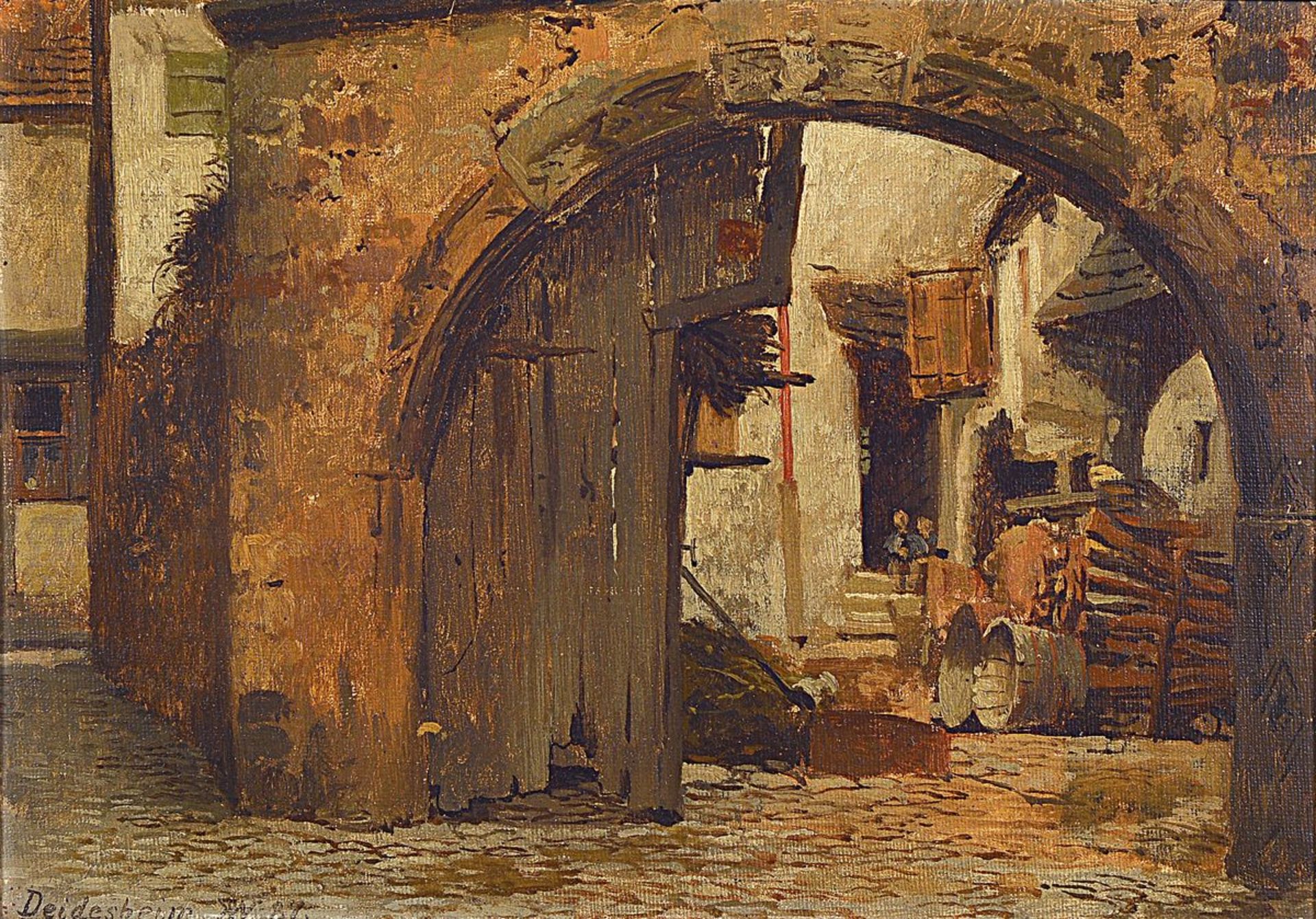 Karl Weysser, 1833 Durlach-1904 Heidelberg, Deidesheim, Blick durch ein halb geöffnetes Tor in den