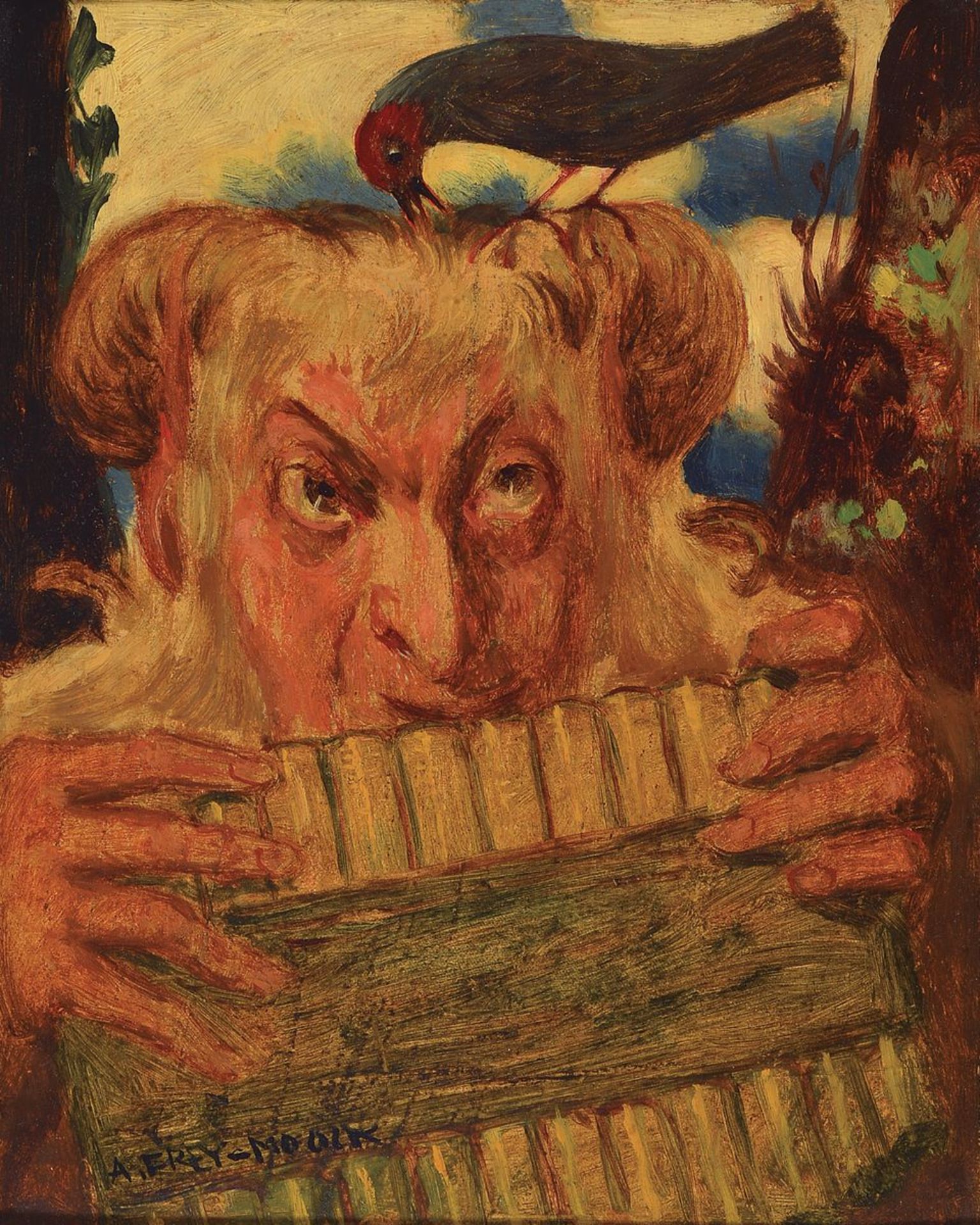 Alfred Frey-Mook, 1881 Zürich - 1950, Pan mit Flöte, li. u. signiert, Öl/Karton, ca. 30 x 24 cm,