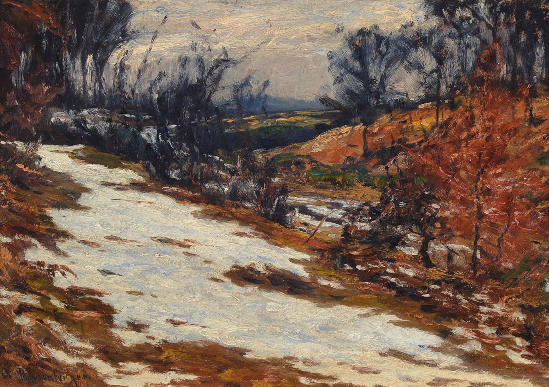 Alfred Rasenberger, 1885-1948 Düsseldorf, "Niederrheinische Winterlandschaft", Öl/Karton, links