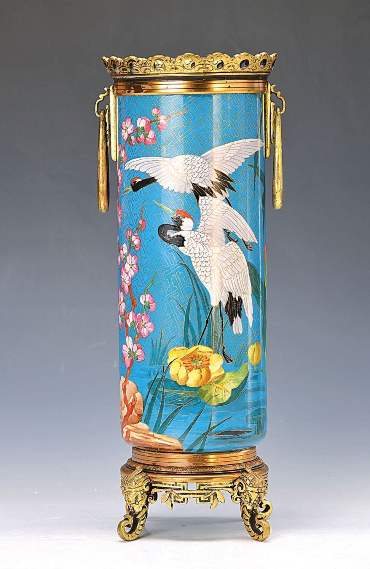 Vase, Choisy, um 1900, Fayence im Cloisonné-Email-Dekor, im asiatischen Stil, blaugrundig mit buntem