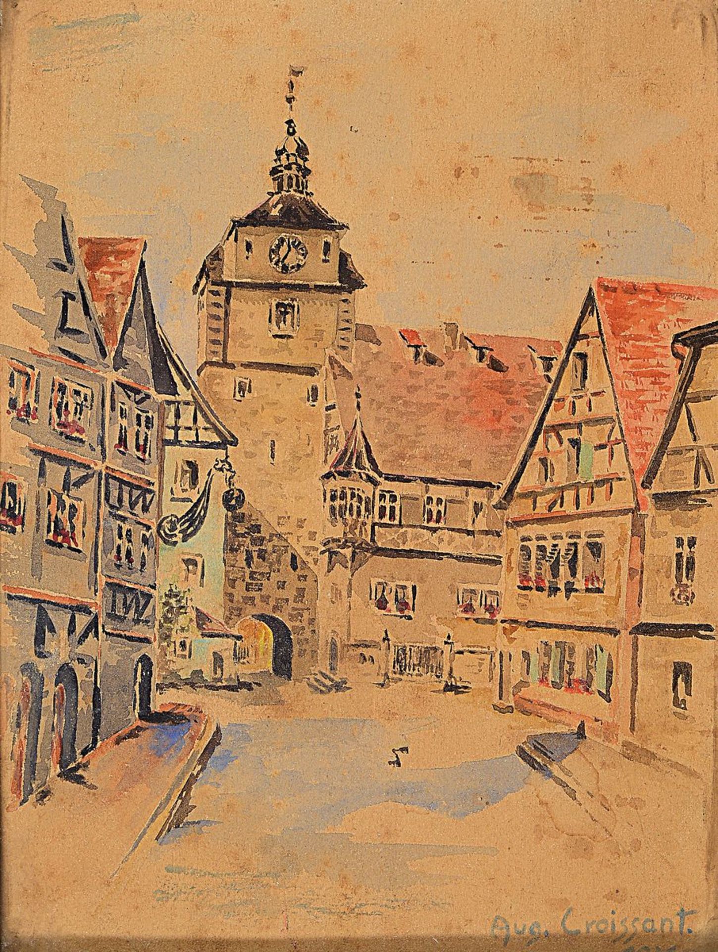 August Croissant, 1870 Landau-1941 Edenkoben, Fachwerkhäuser und Kirche, Aquarell auf Papier, rechts