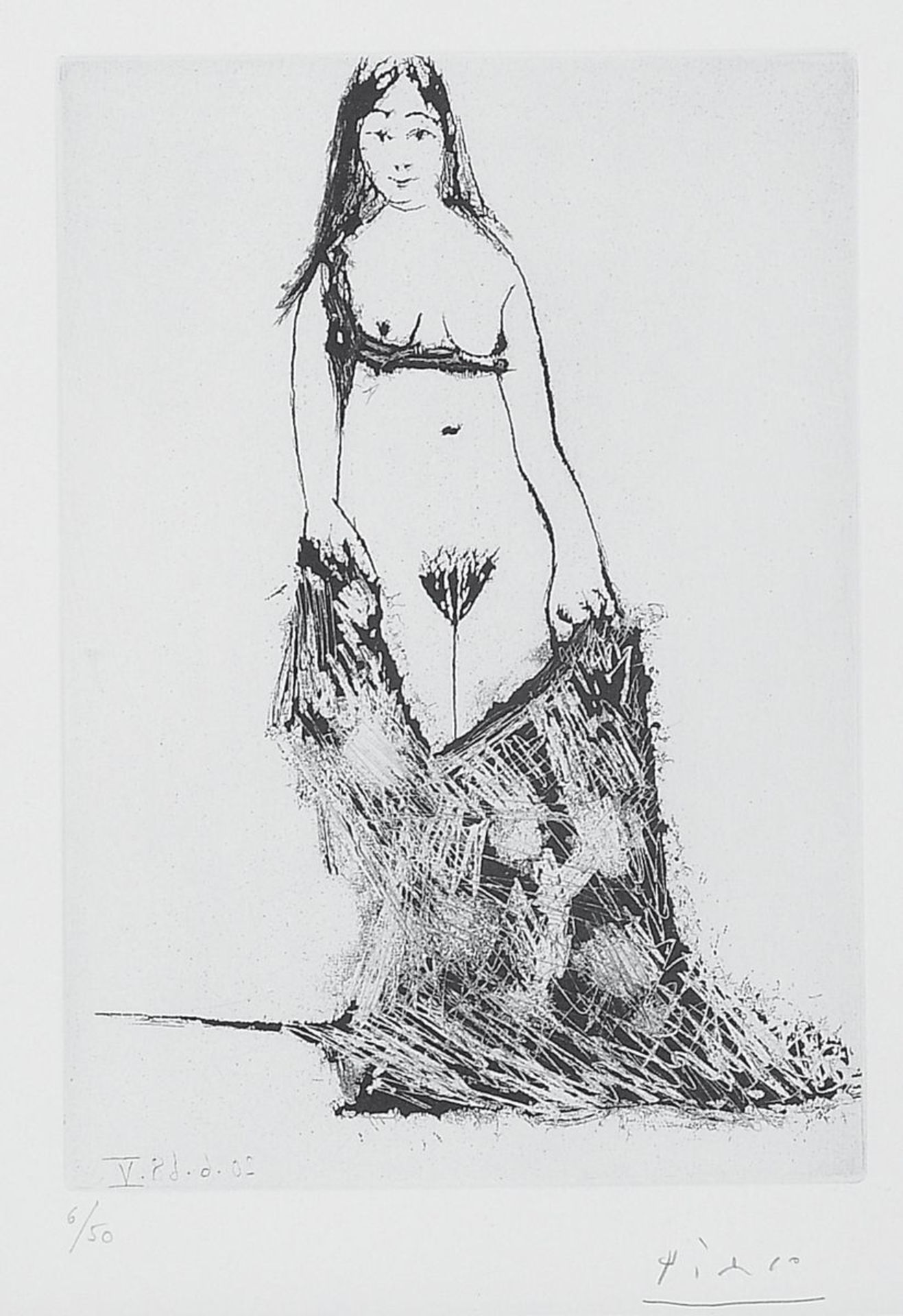 Pablo Picasso, 1881 - 1973, Radierung (Aquatinta und Kaltnadel), stehender Akt mit Tuch,