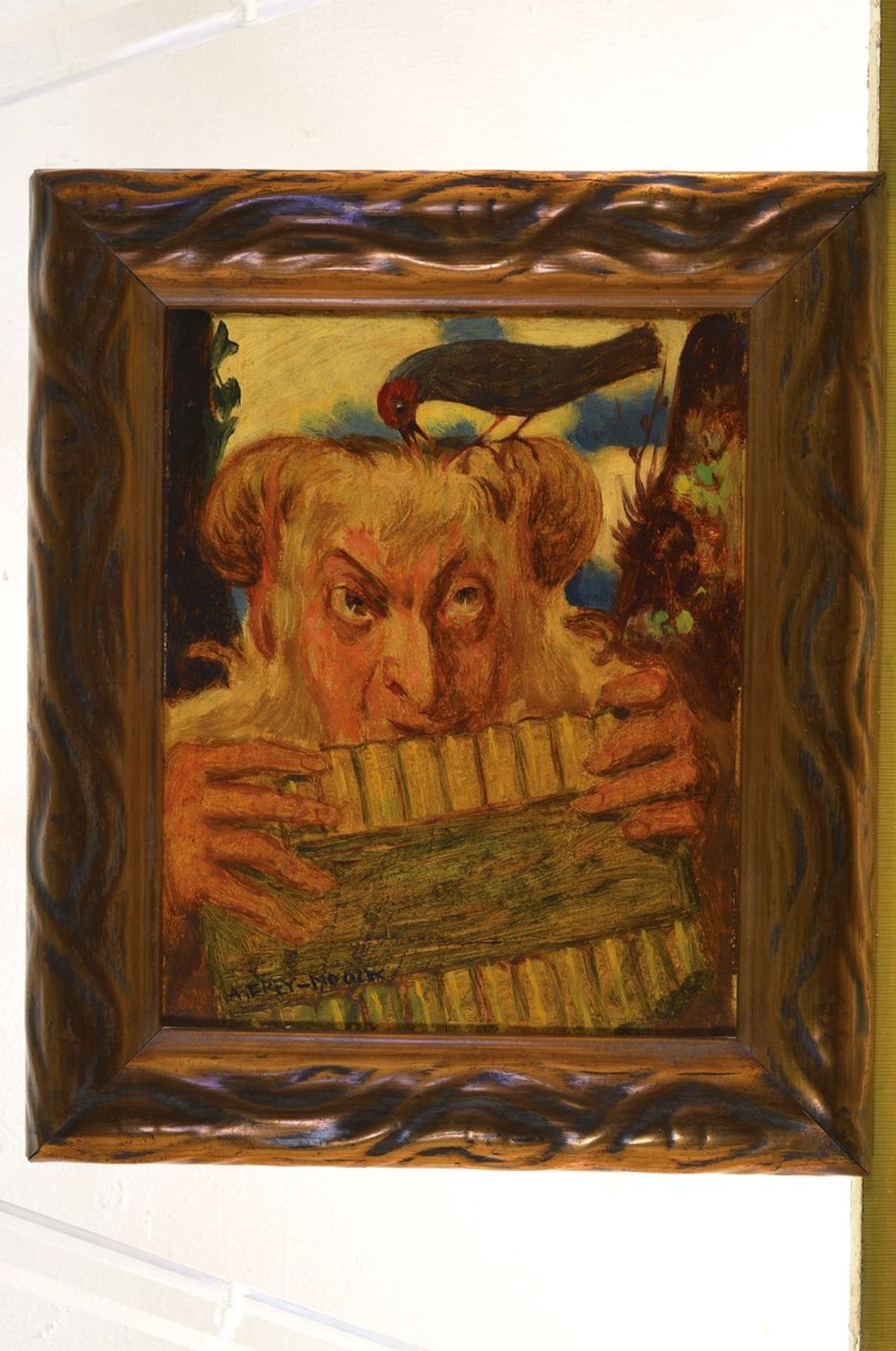 Alfred Frey-Mook, 1881 Zürich - 1950, Pan mit Flöte, li. u. signiert, Öl/Karton, ca. 30 x 24 cm, - Bild 3 aus 3