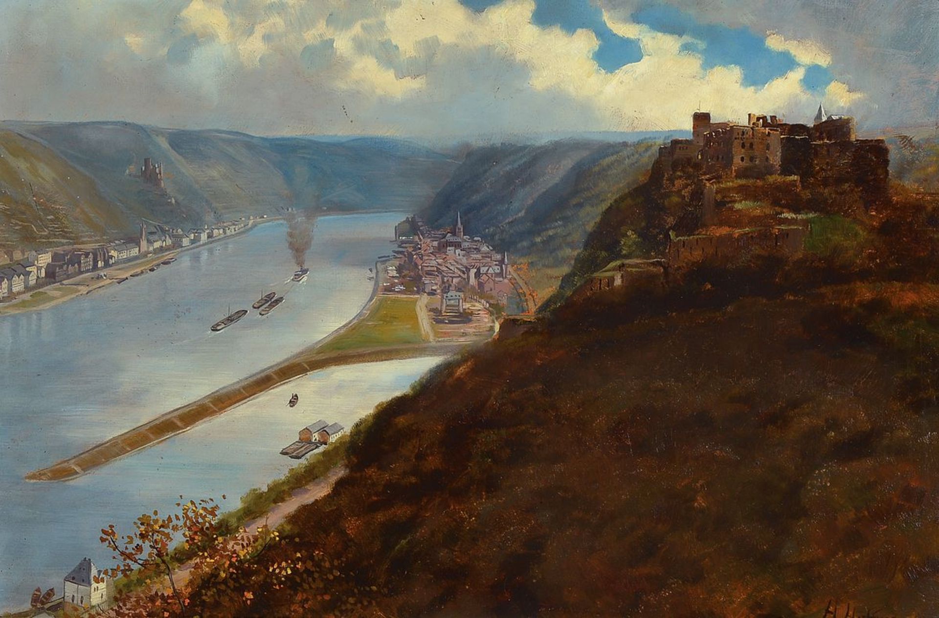 H. Hoffmann, um 1900, Blick auf Burg Rheinfels bei St. Goar, Öl/Malkarton, rechts unten signiert,