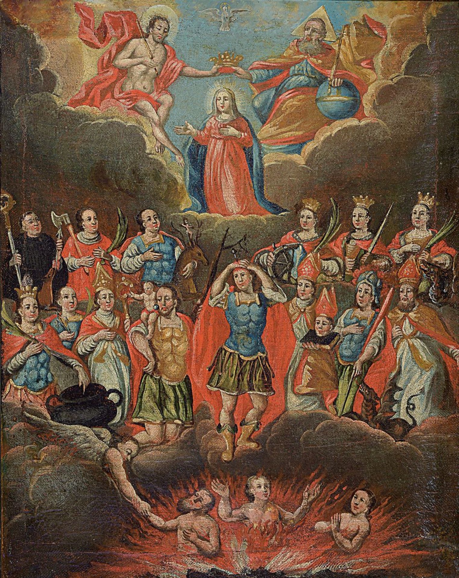 Votivbild, süddeutsch, um 1750, Öl/Lwd, altersbedingt krakeliert und l. beschädigt, teilrest., ca.