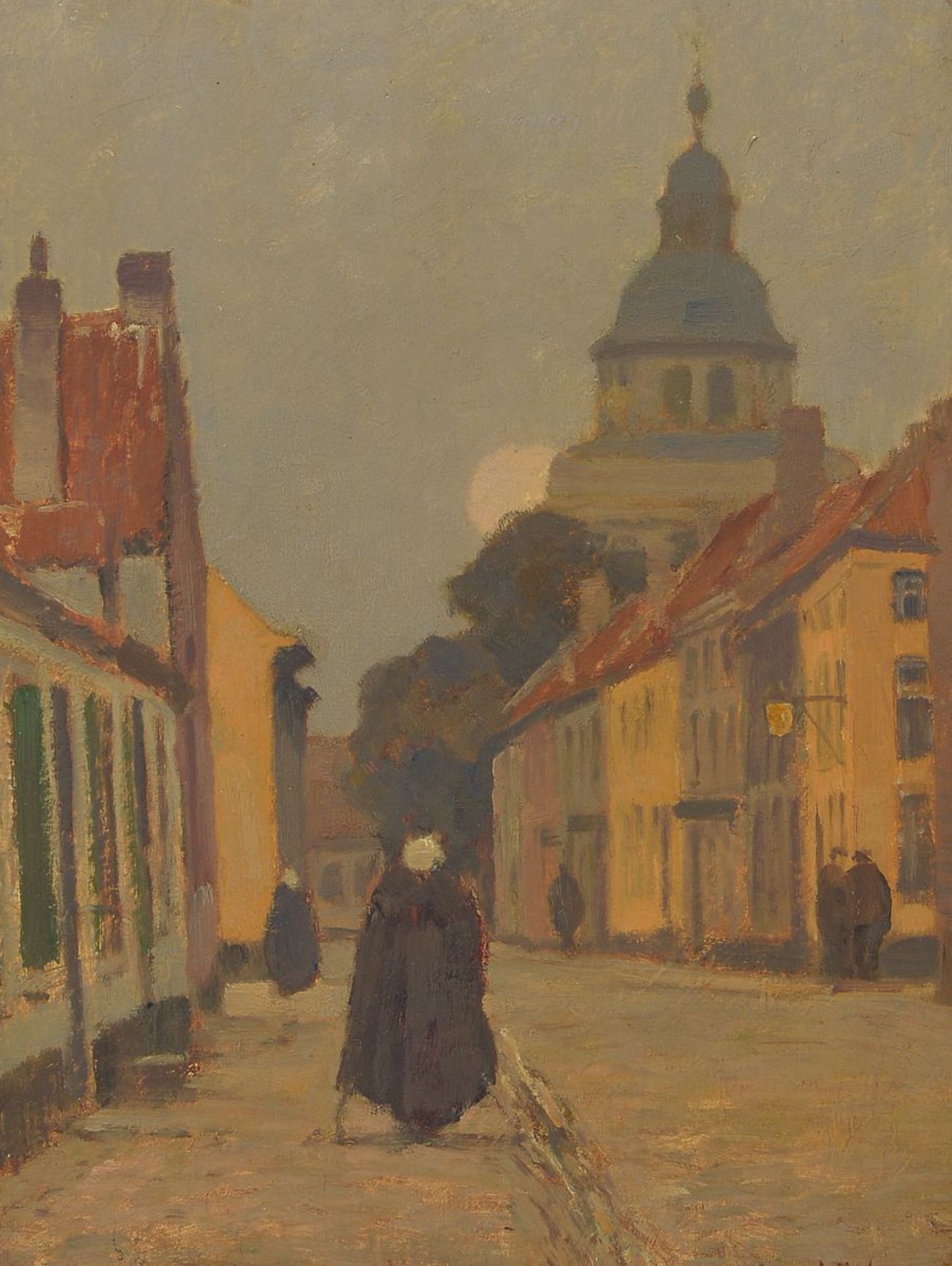 Wilhelm Hambüchen, 1869-1939 Düsseldorf, Spaziergänger in der Stadt bei Vollmond, Öl/Malkarton,