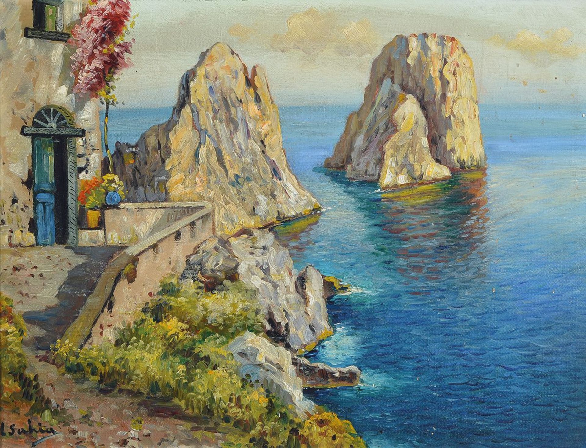 L. Sahia, italienischer Maler, um 1900, Die Faraglioni-Felsen bei Capri, Öl/Malkarton, links unten