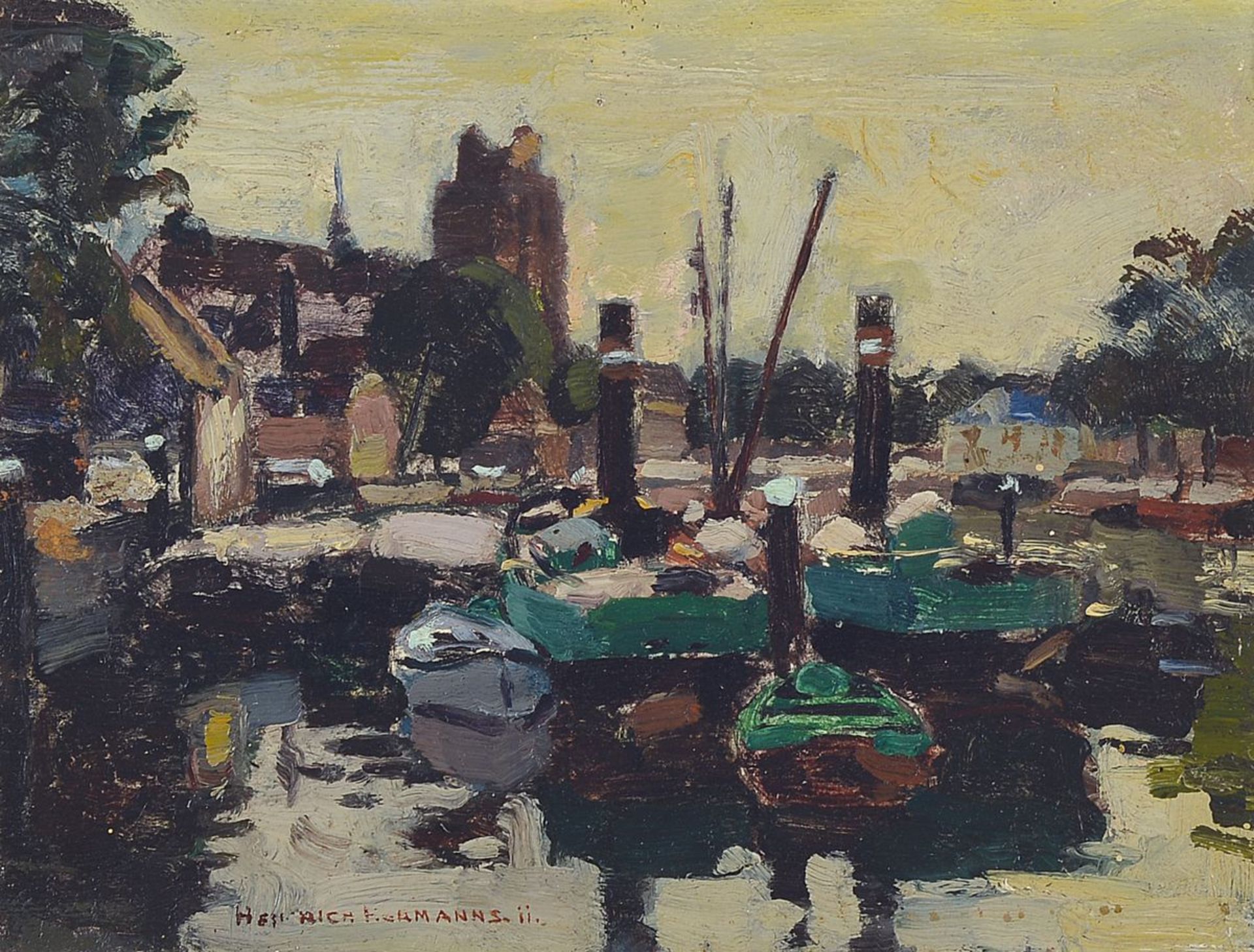 Hermann Heinrichs, 1862-1942 Düsseldorf, Der Hafen von Dordrecht, Öl/Malkarton, links unten