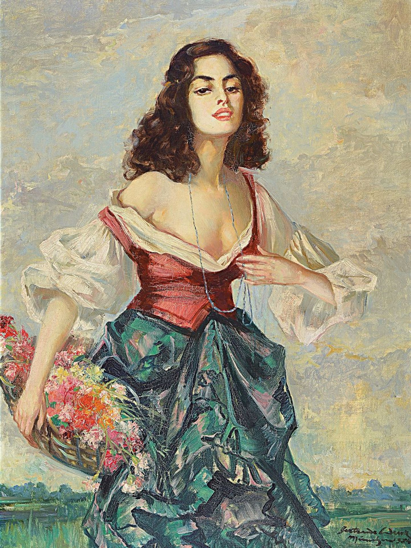 Gertrude Wenk-Praun, Münchener Malerin, war tätig um 1910-1930, Junge Frau mit Blumenkorb, Öl/Lwd,