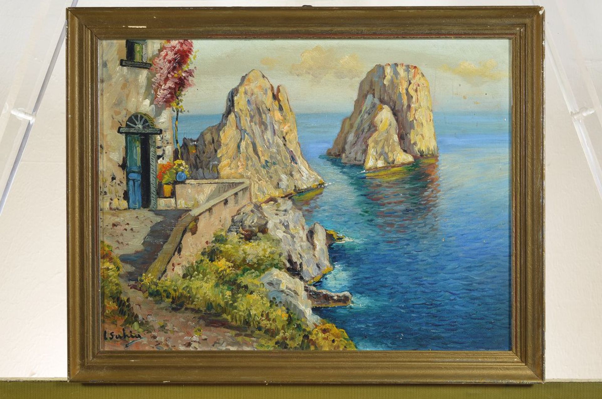 L. Sahia, italienischer Maler, um 1900, Die Faraglioni-Felsen bei Capri, Öl/Malkarton, links unten - Bild 3 aus 3