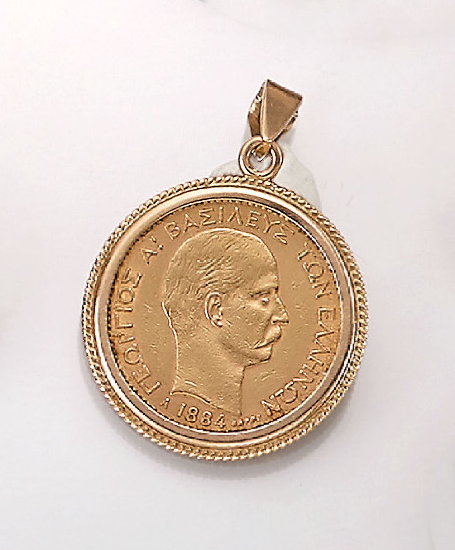 18 kt Gold Münzanhänger, 20 Drachmen, Griechenland, 1884, George I., Fassung GG 750/000, mit