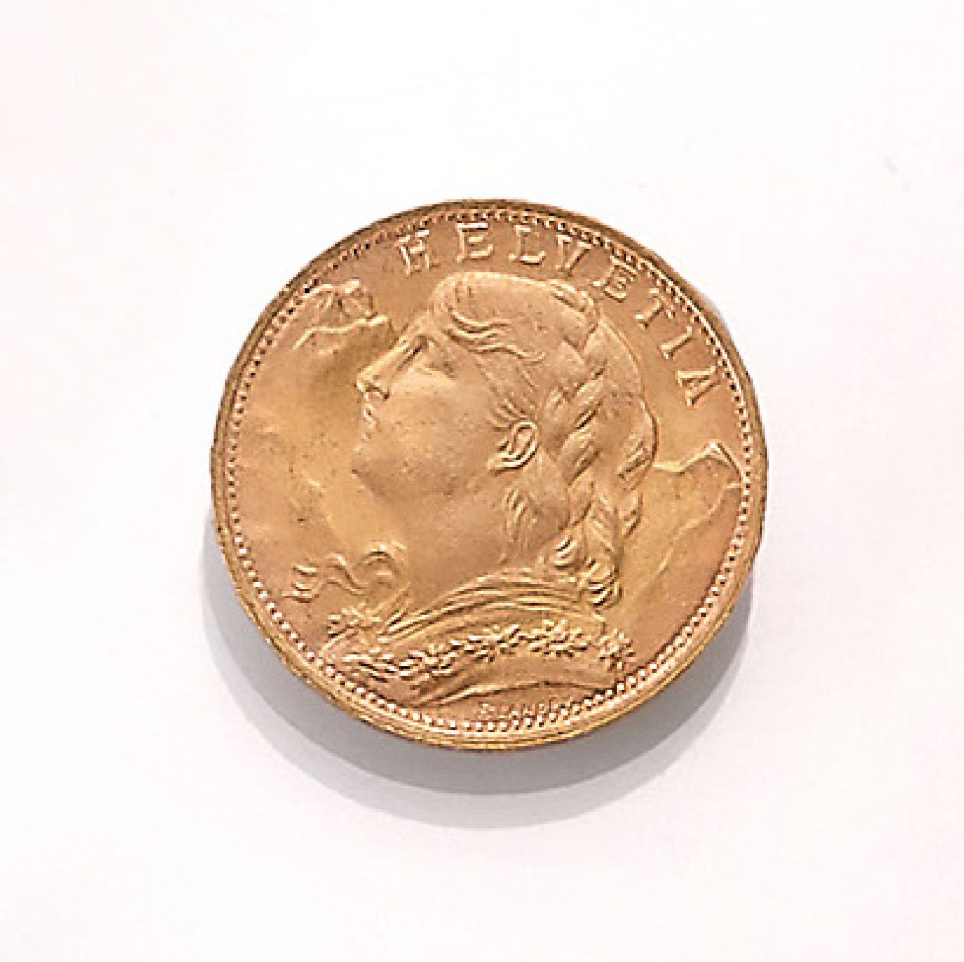 Goldmünze, 20 Franken, Schweiz, 1935, sogn.Vreneli, Helvetia, Prägemarke BGold coin, 20 Swiss