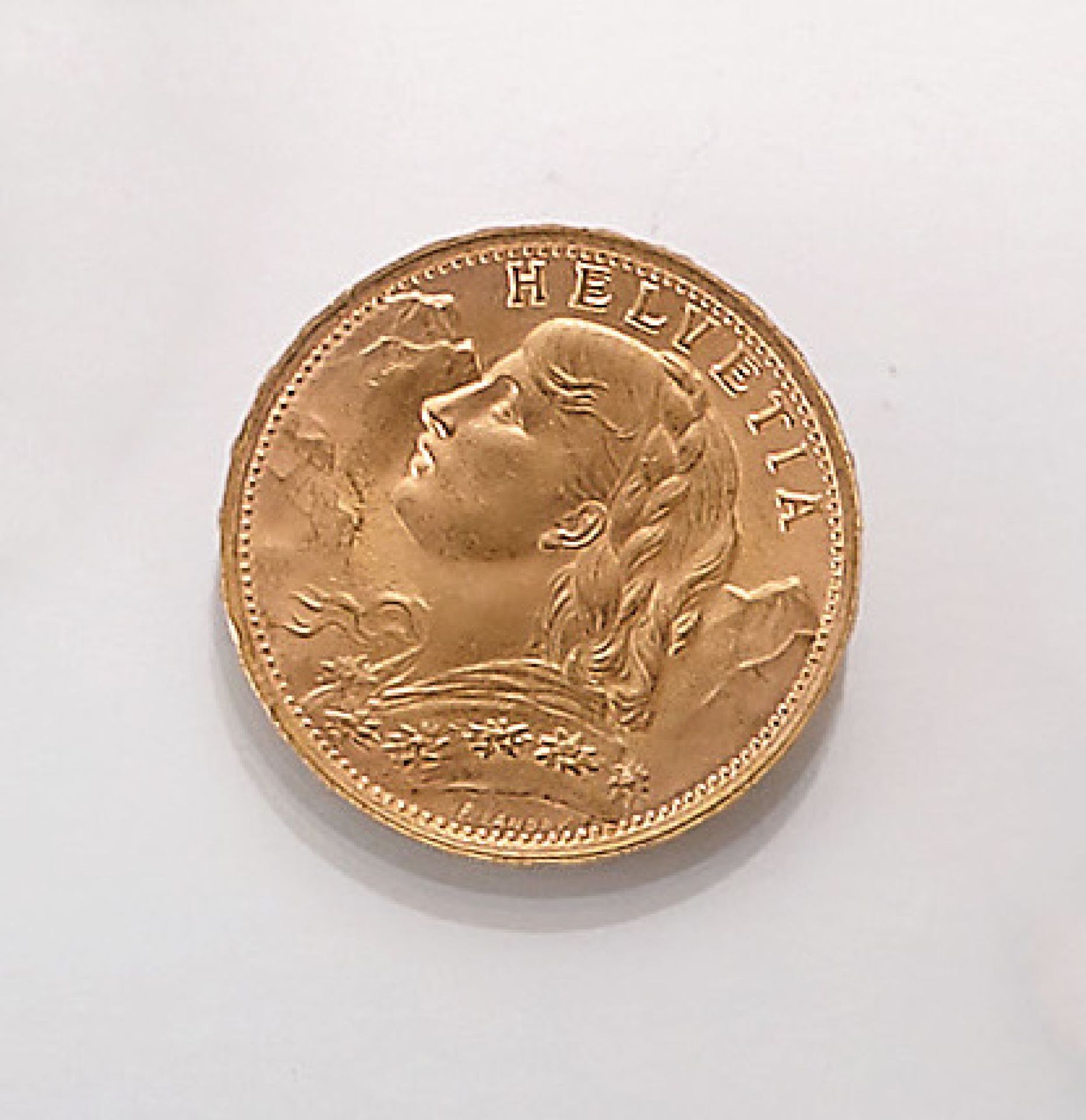 Goldmünze 20 Franken 1947, Schweiz, sogn. Vreneli, Helvetia, Prägemarke BGold coin 20 Swiss Francs