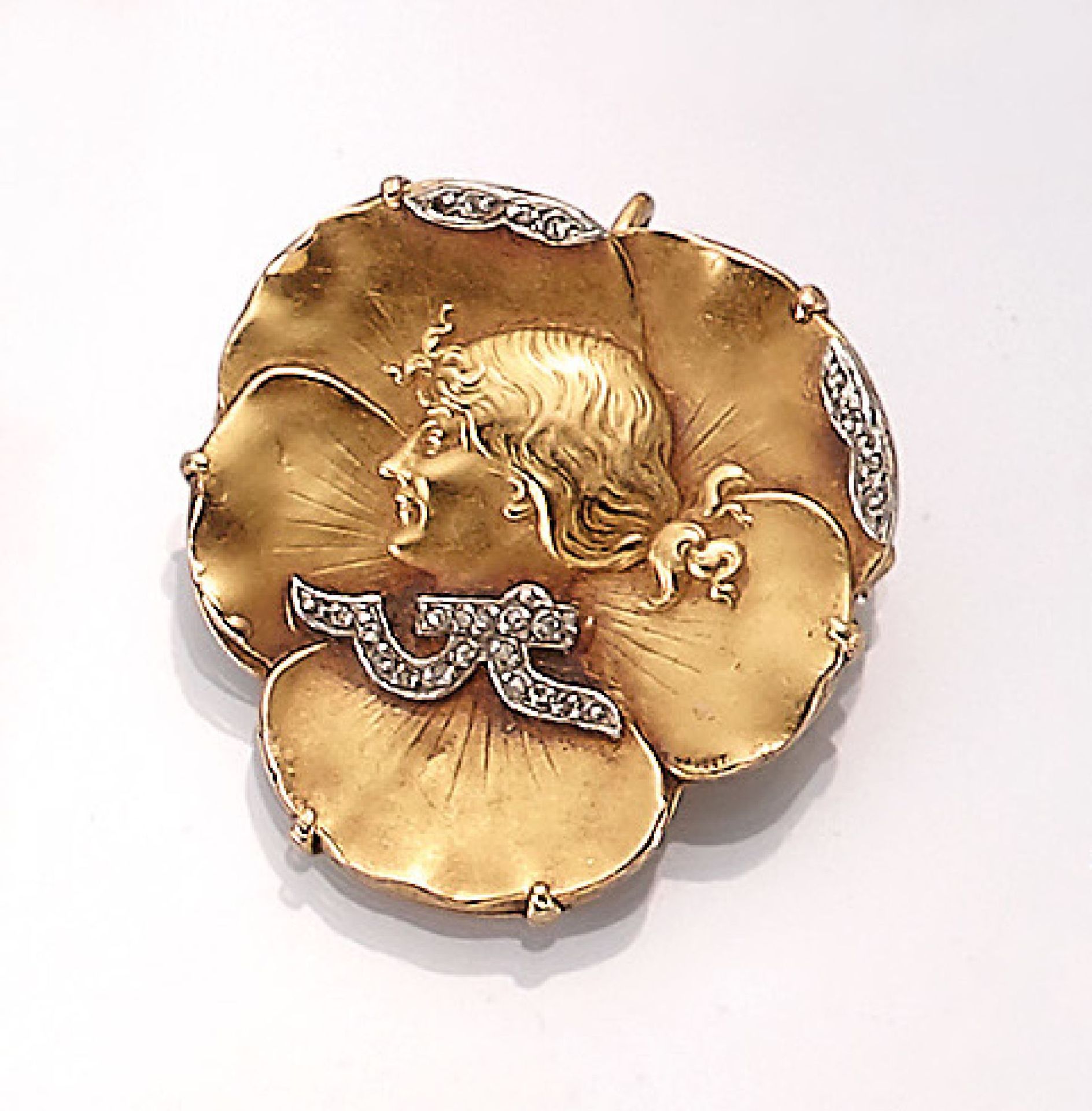 18 kt Gold Jugendstilanhänger/-brosche, Frankreich um 1900, GG 750/000, Darst. einer