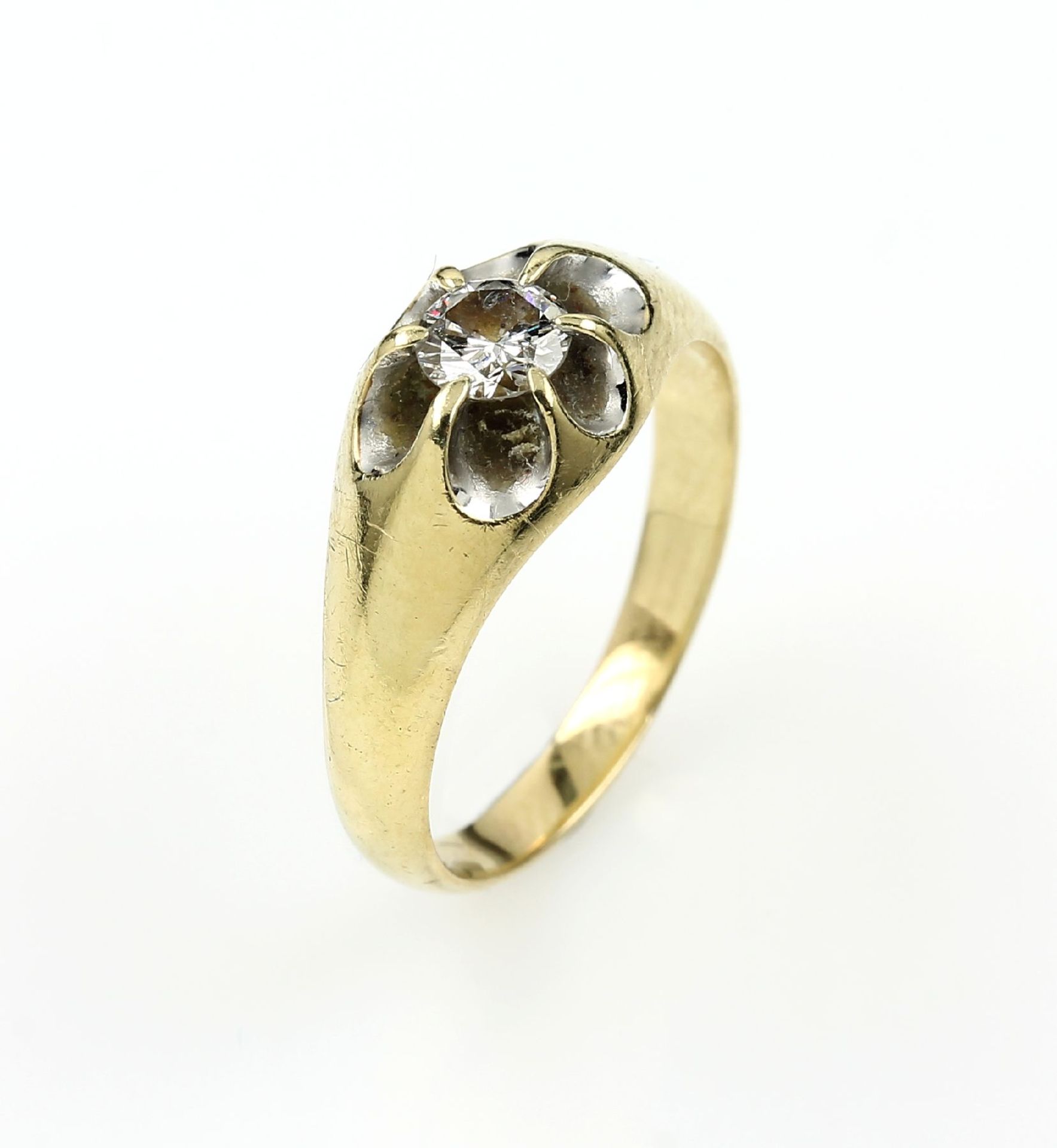 14 kt Gold Blütenring mit Brillant, GG 585/000, mittig Brillant ca. 0.5 ct Weiß/p2, RW 60, ca. 5.2 g