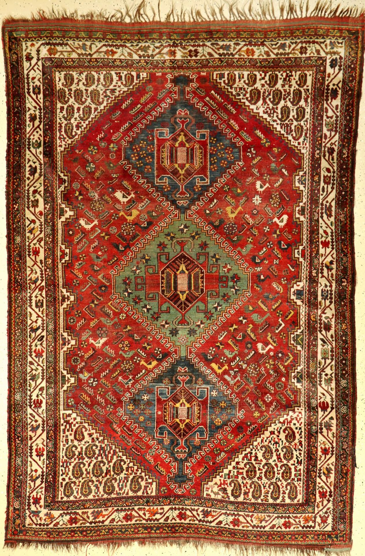 Khamseh antik (Chicken), Persien, um 1890, Wolle auf Wolle, ca. 255 x 171 cm, seltenes Muster,