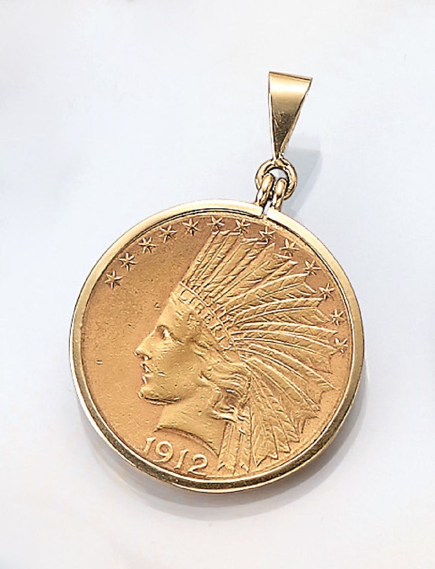 14 kt Gold Münzanhänger, Goldmünze: 10 Dollar,USA 1912, Indian Head, RV: In god we trust,E