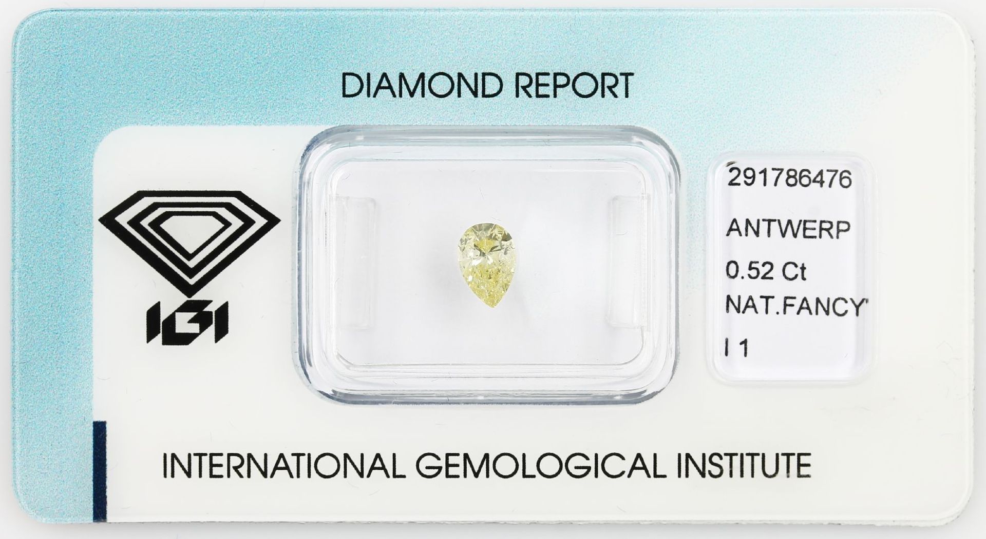 Loser Diamant, 0.52 ct Natural fancy intense yellow/p1, tropfenf. facett., 6.56 x 4.48 x 2.83 mm,