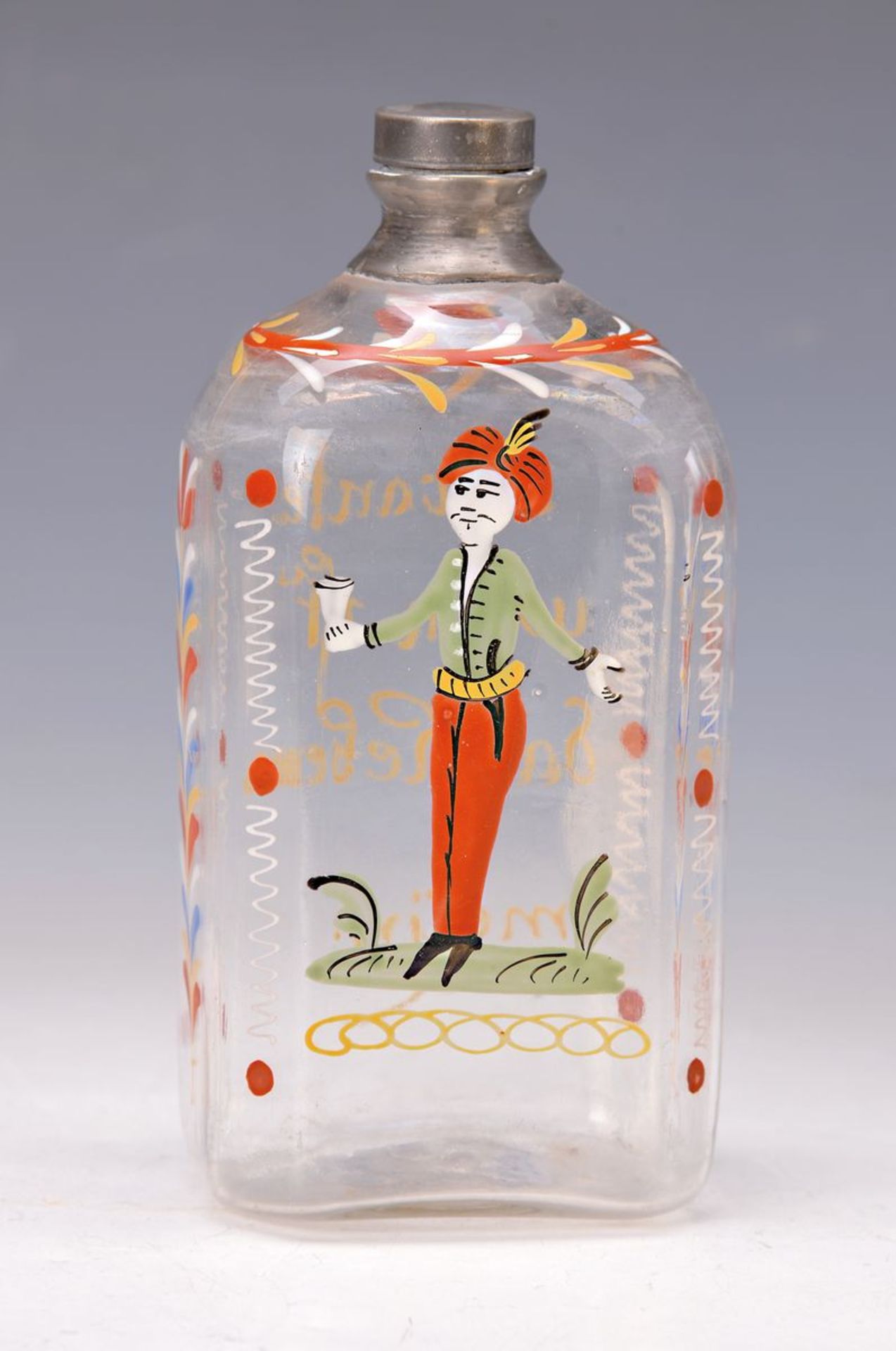 Schnapsflasche, Böhmen, um 1830-50, farbloses Glas, in die Form geblasen, bunte Emailmalerei,