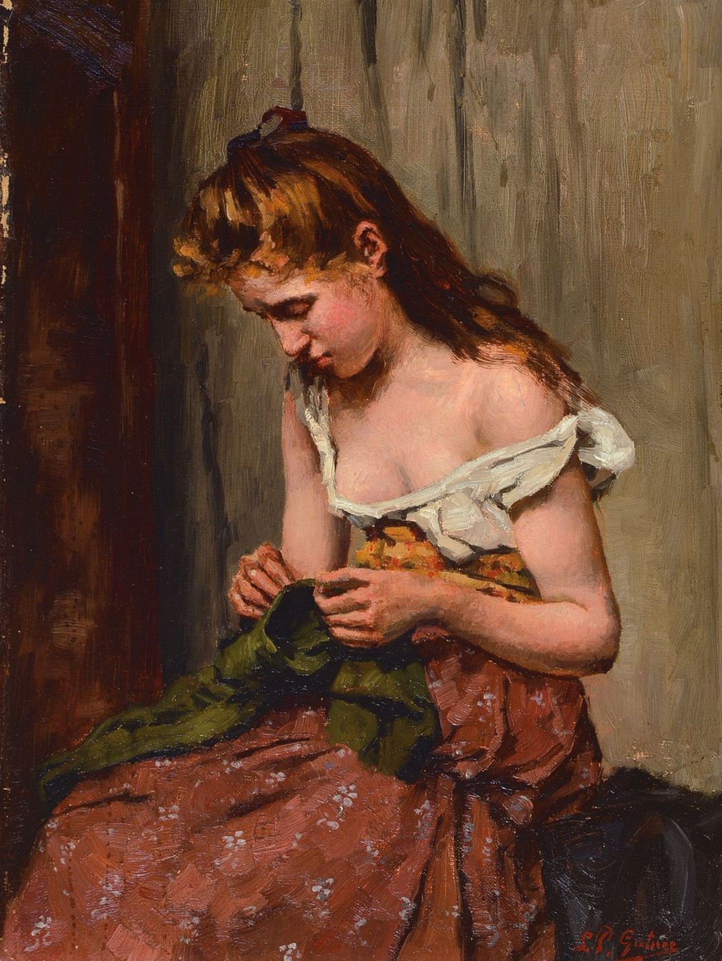 L.P. Gutner, Maler um 1900, Junge Frau beim Nähen, Öl/Lwd, rechts unten signiert, ca. 49x36cm, R.