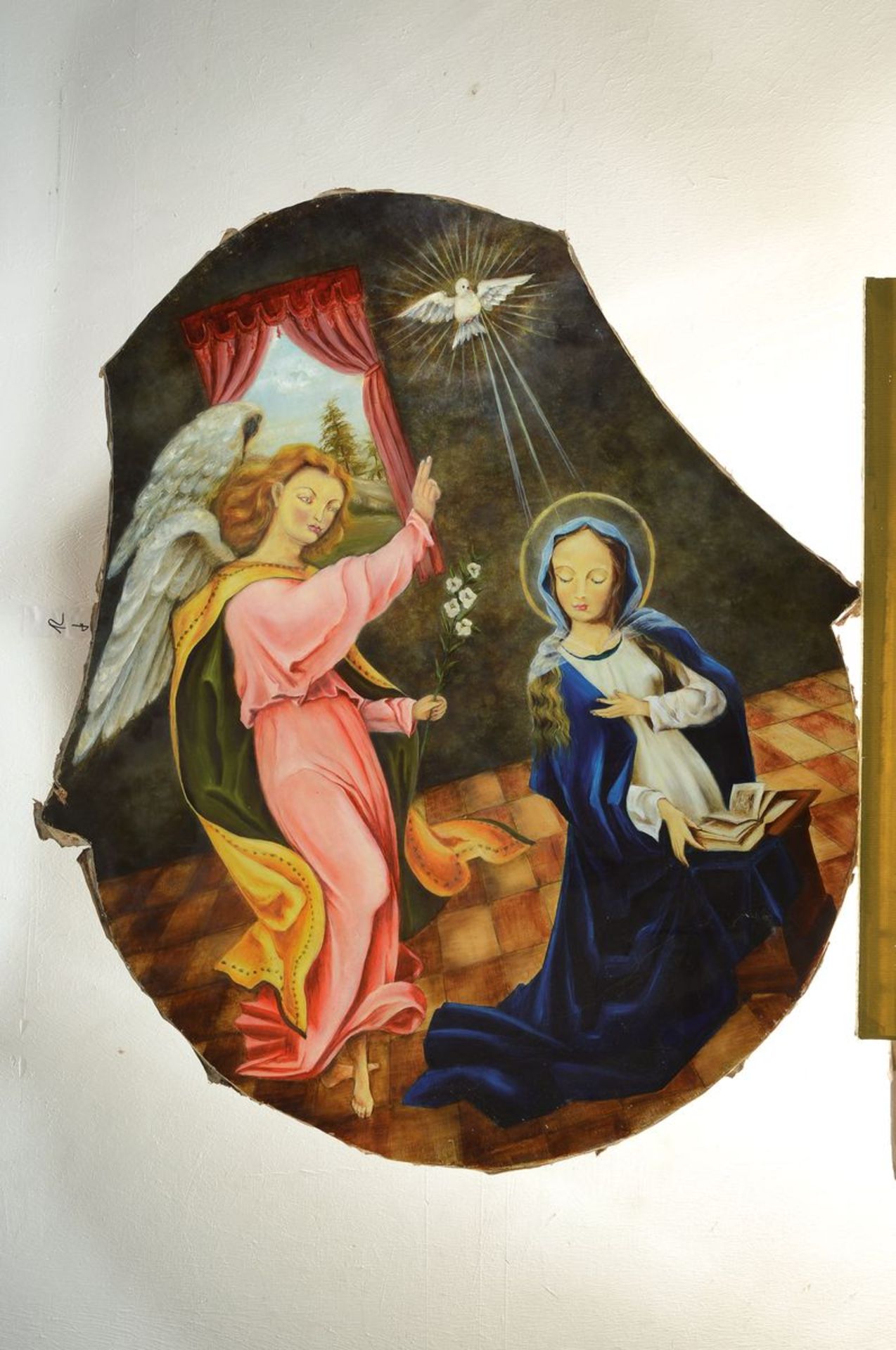 Unbekannter Künstler, Frankreich, um 1900, Verkündigung Marias, Öl/Lwd, auf dicke alte Holzplatte - Bild 2 aus 2