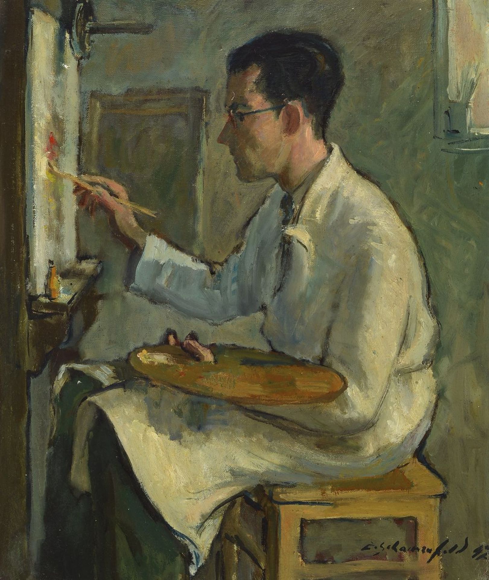 Ernst Schonnefeld, 1921 Auerbach - 2014 Bensheim, Porträt des Freudes und Malerkollegen Edmung Georg