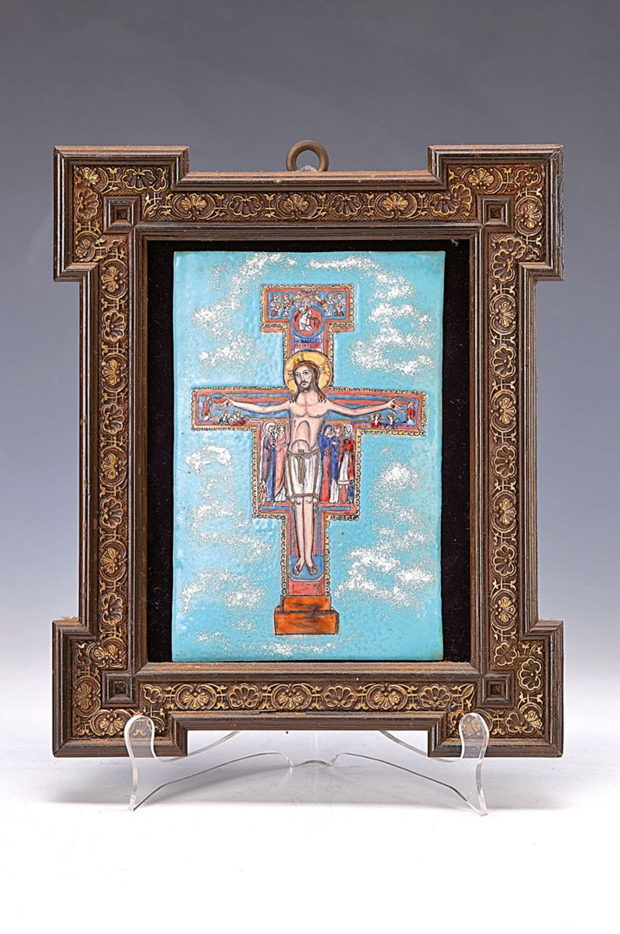 Emailbild, Limoges, 30er Jahre, Kupfer bunt emailliert, orthodoxe Darstellung, Christus am Kreuz mit
